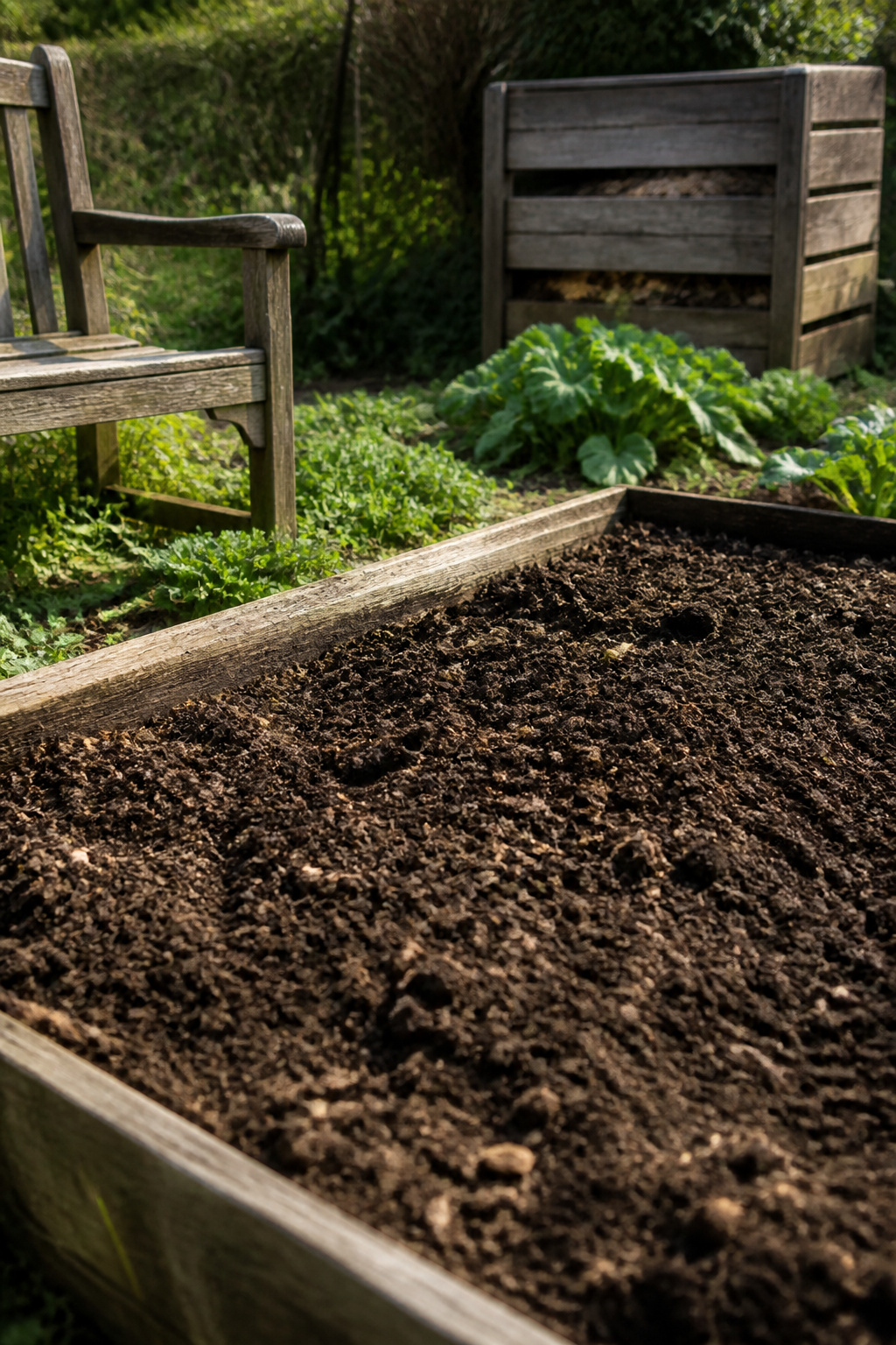 Freshly turned soil in a vegetable garden bed with compost.