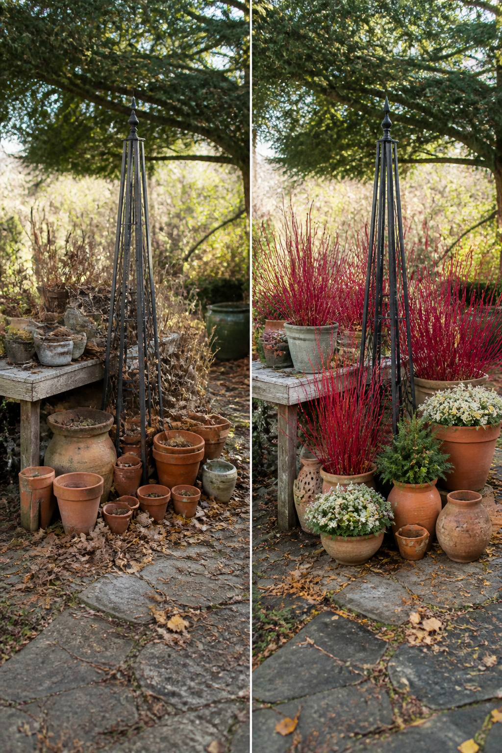 9 Whimsical Garden Ideas: Texture, Color, Light & Art for 2026 12 Terracotta pots and winter interest plants in a garden.