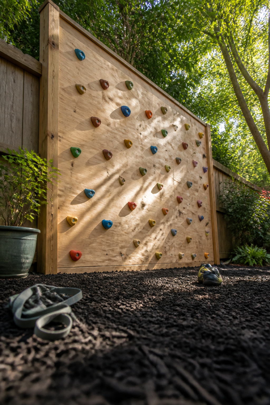 20 Outdoor Kids Play Area Ideas for Backyards in 2026 12 A climbing wall with holds mounted on a backyard fence.