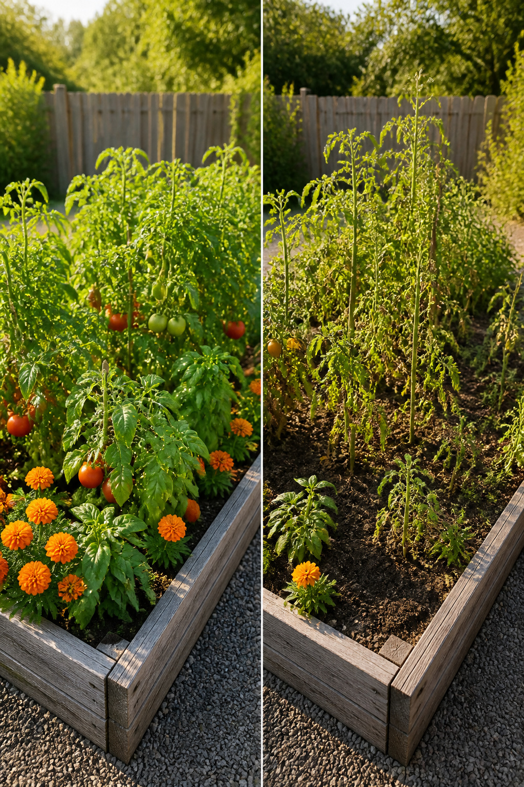 Basil planted near tomato plants in a raised bed.
