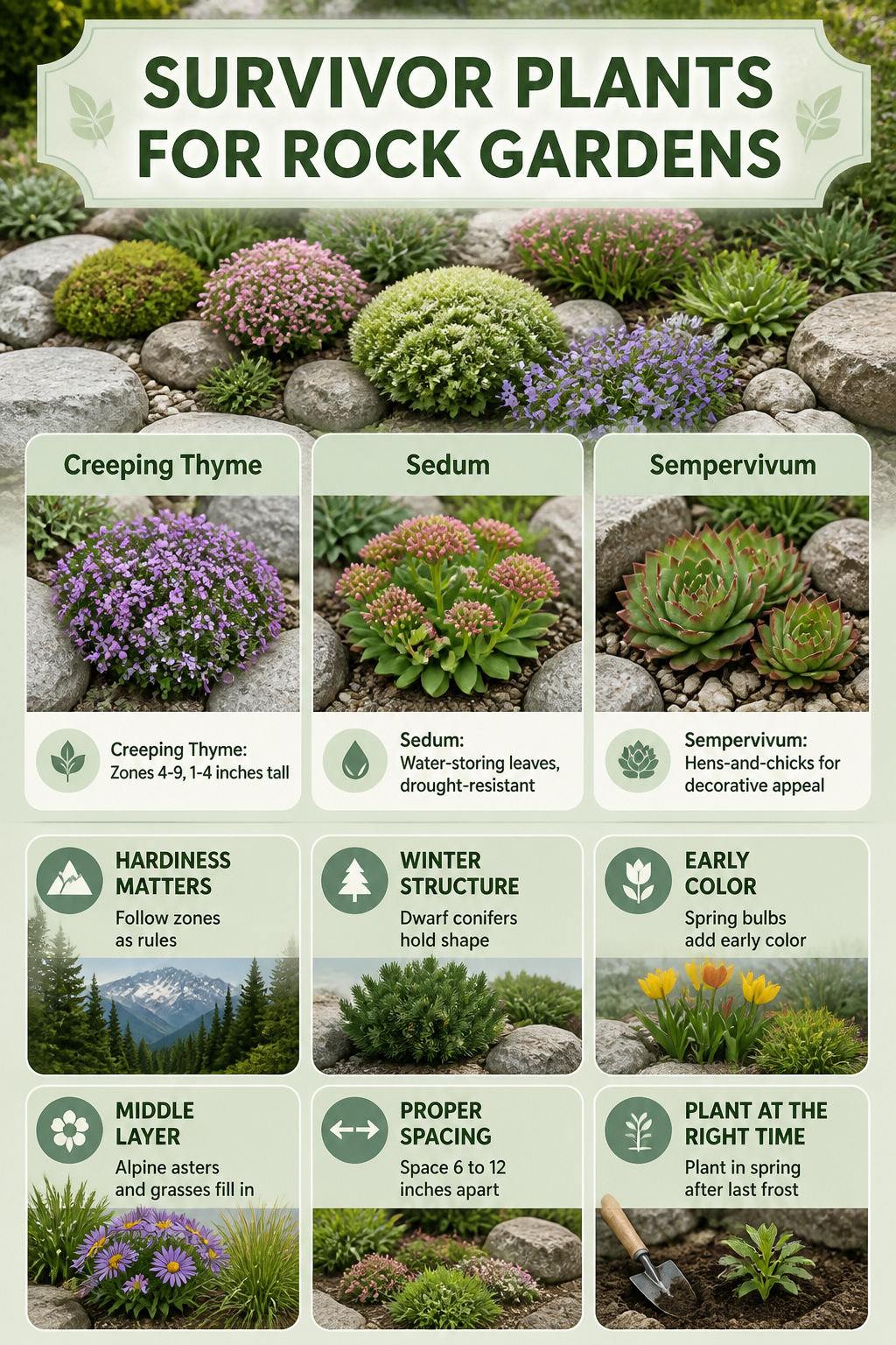 Variety of hardy plants suitable for rock gardens.