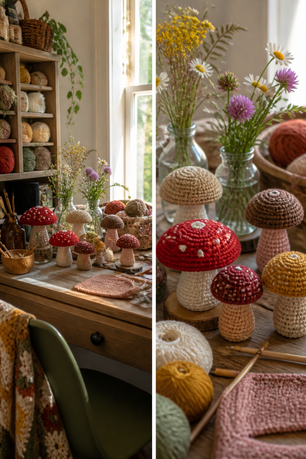 Crocheted mushroom decor items on a shelf.