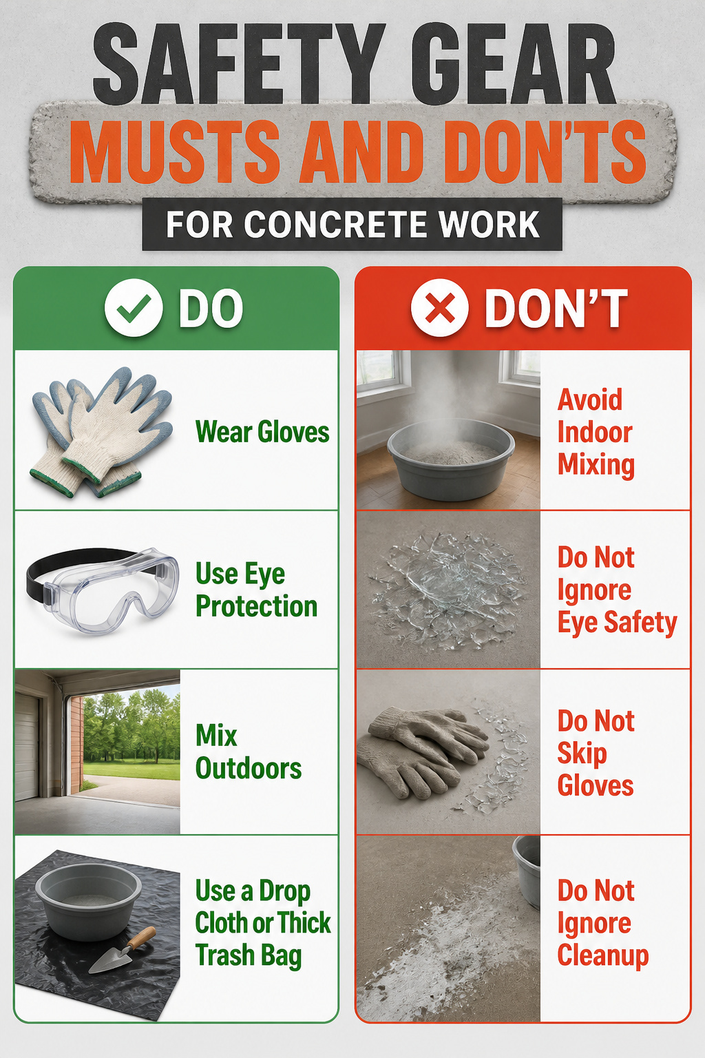 Safety gear including gloves and goggles for concrete work.