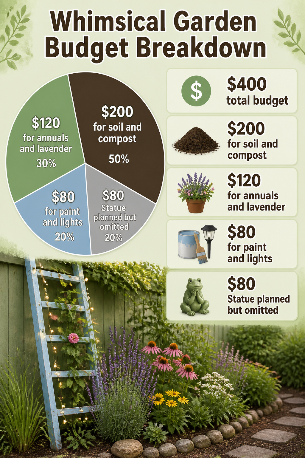 9 Whimsical Garden Ideas: Texture, Color, Light & Art for 2026 13 Infographic detailing a budget breakdown for a whimsical garden.