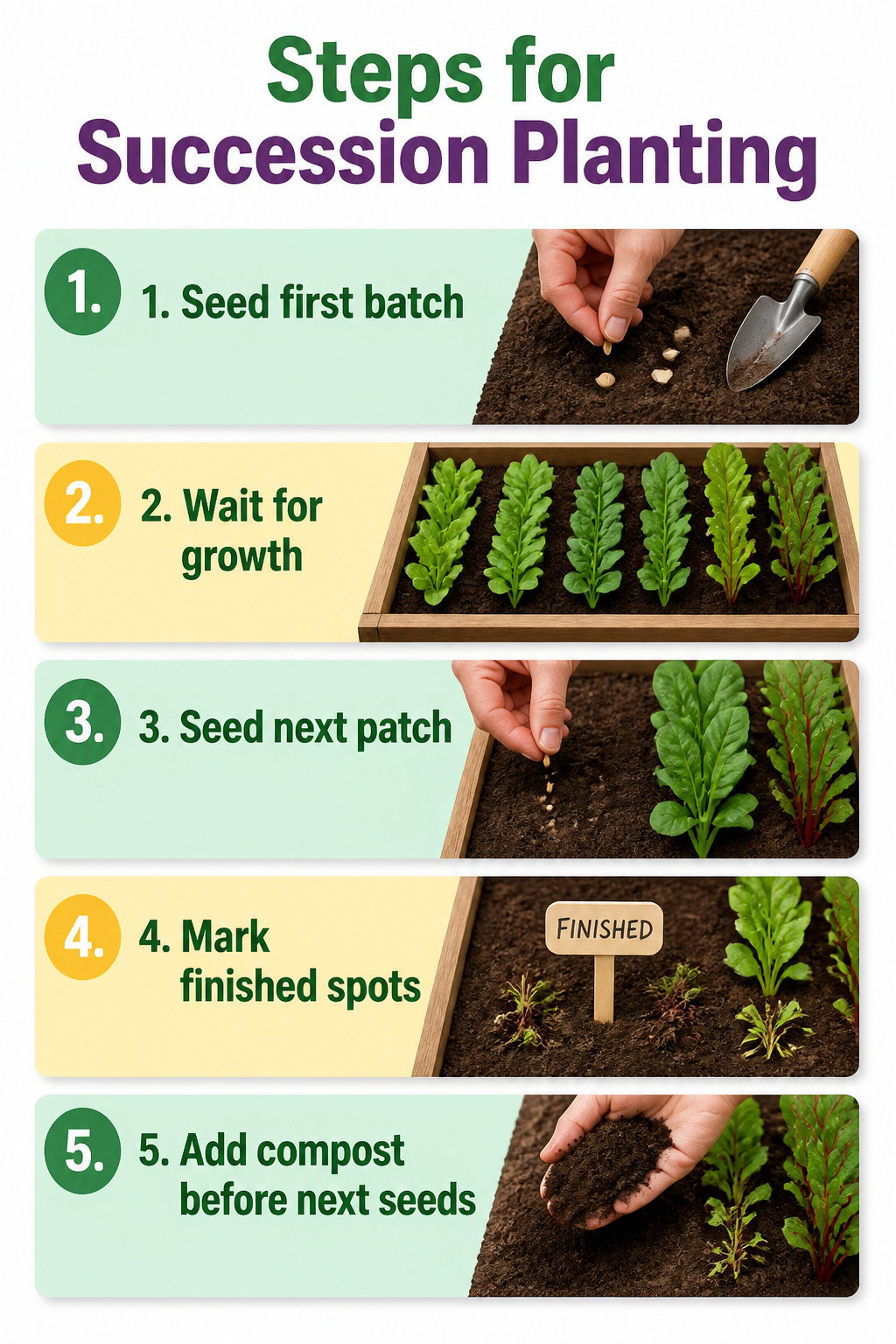 Steps for succession planting shown in a raised garden bed.