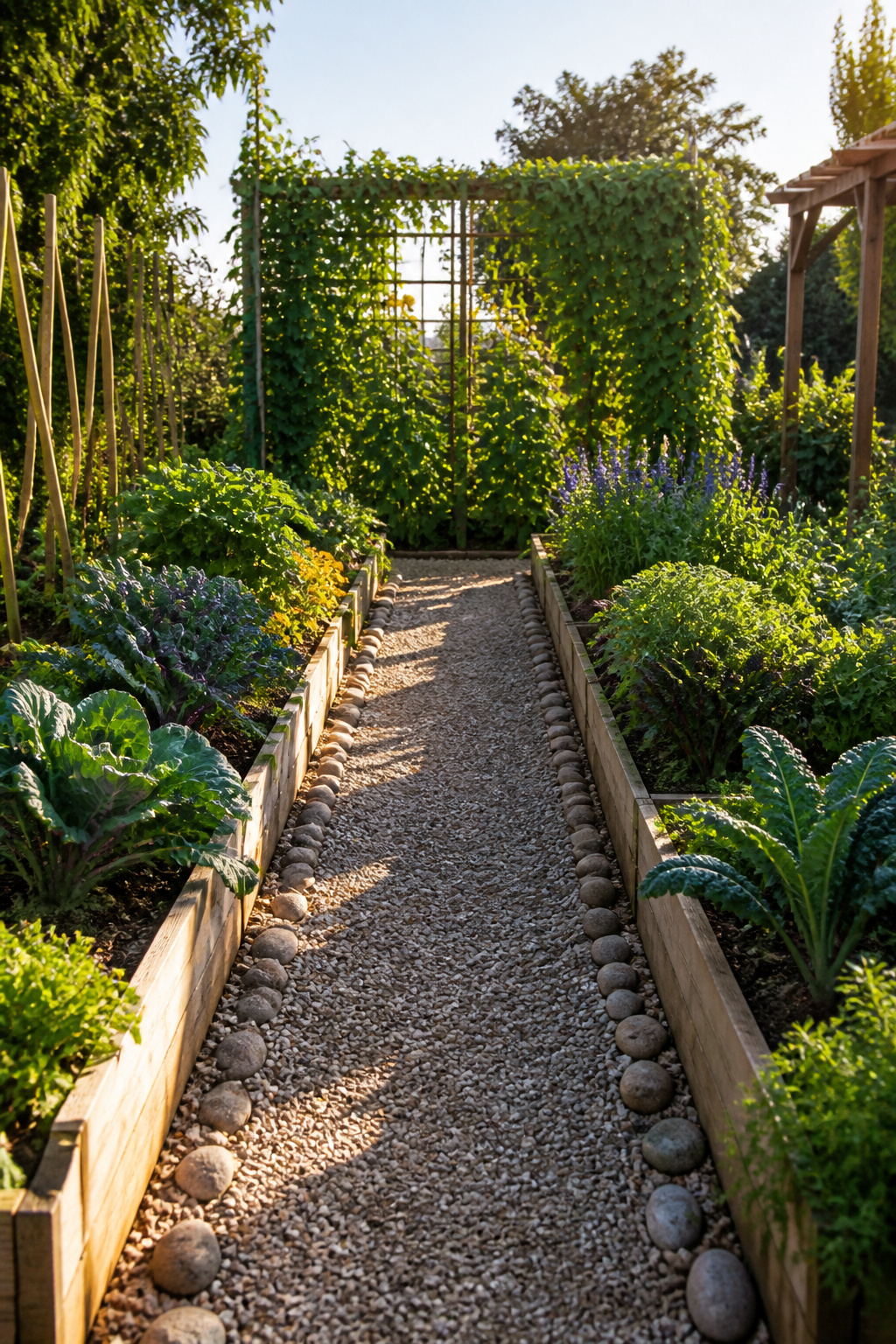 A wide garden path between flourishing vegetable beds.