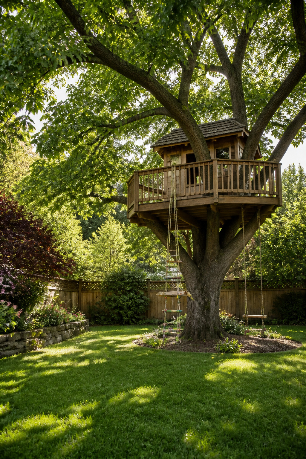 20 Outdoor Kids Play Area Ideas for Backyards in 2026 13 A wooden treehouse built in a large tree in a yard.