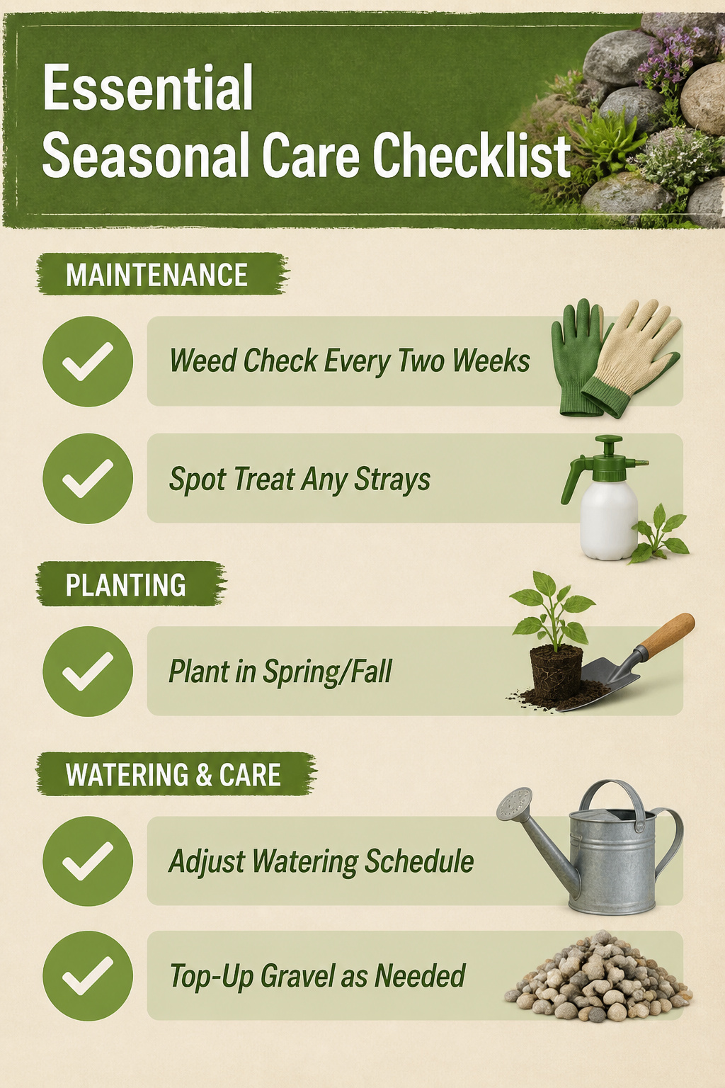 Checklist for seasonal maintenance of rock gardens.
