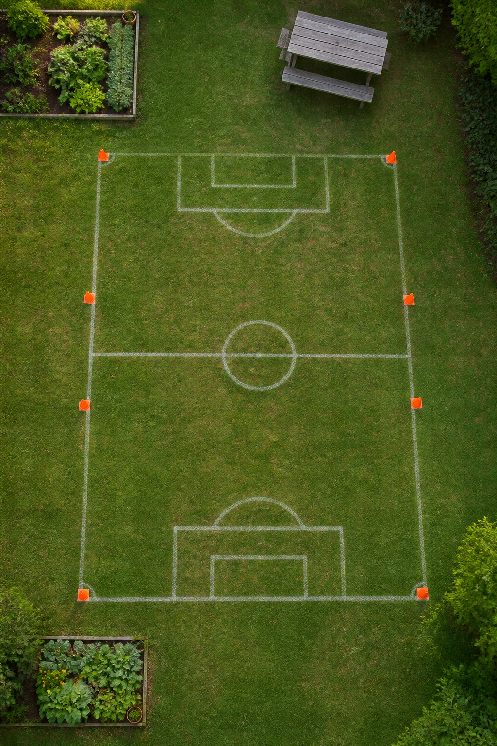 20 Outdoor Kids Play Area Ideas for Backyards in 2026 14 A marked sports field with cones and painted lines on grass.