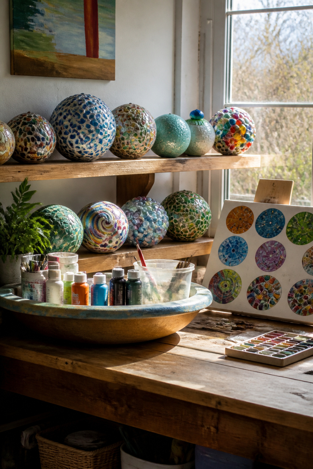 A variety of finished garden spheres displayed in a crafting nook.