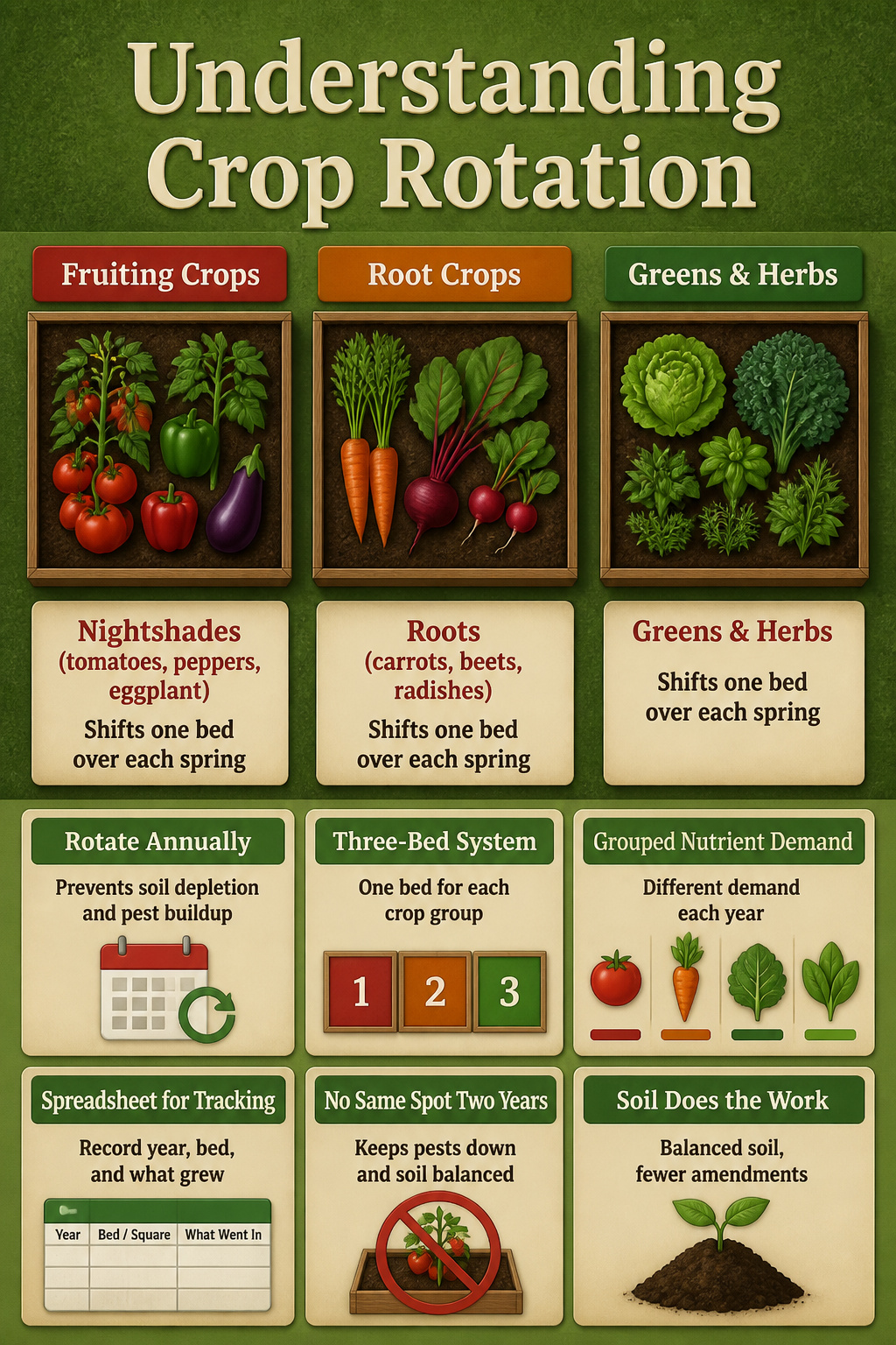 A chart showing crop rotation practices for vegetable gardening.