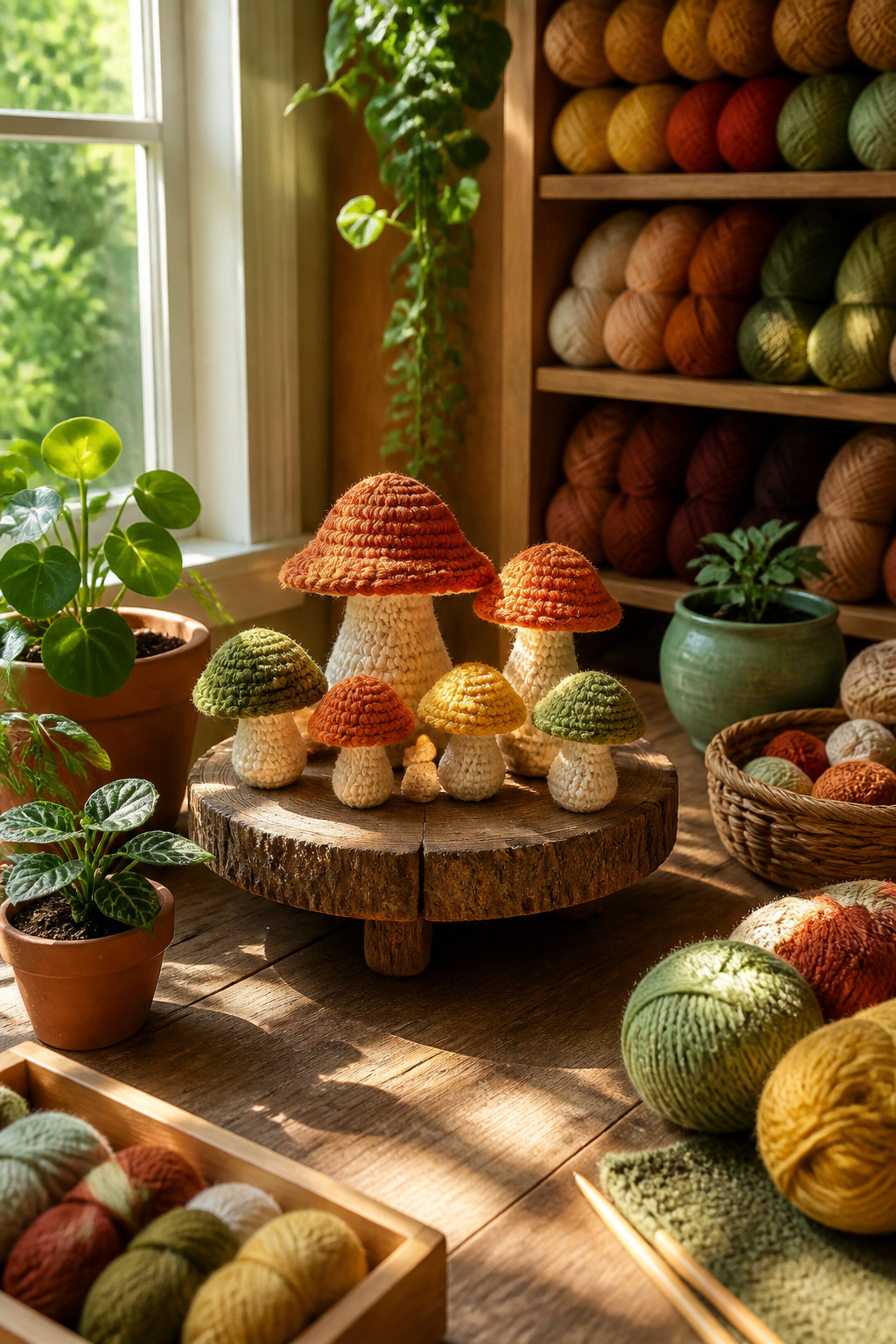 Crocheted mushrooms in warm shades on a wooden pedestal.