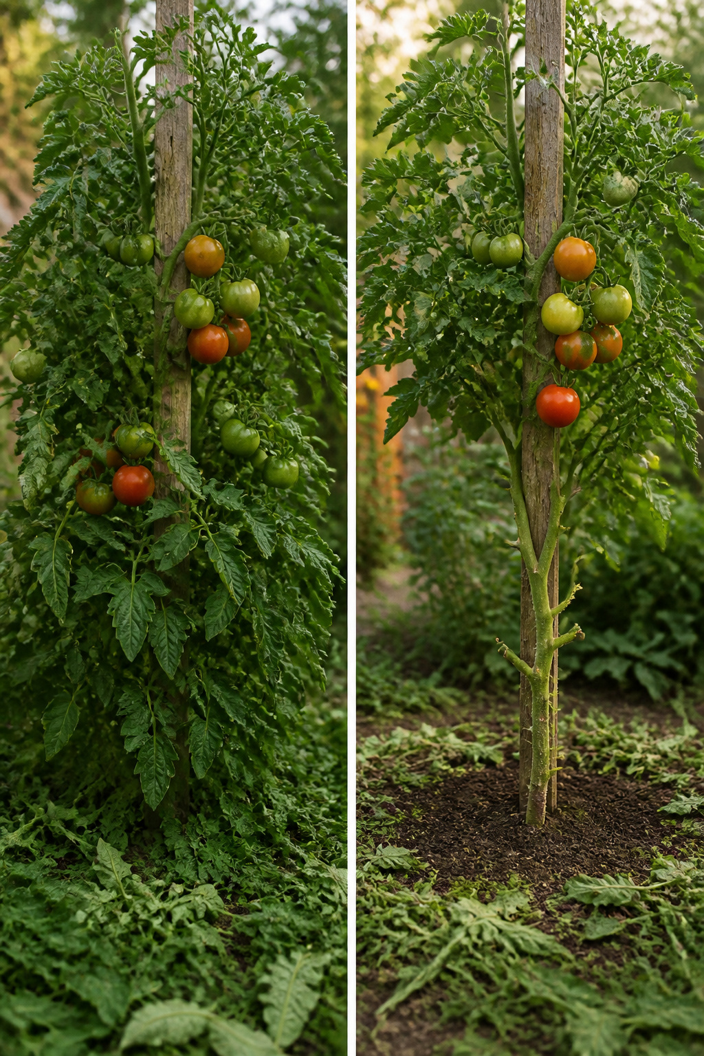 A gardener pruning a tomato plant to enhance airflow.
