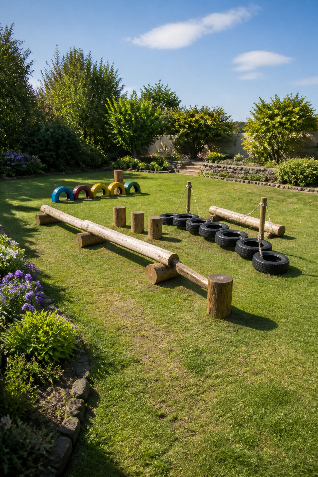 20 Outdoor Kids Play Area Ideas for Backyards in 2026 15 A backyard obstacle course featuring logs and tires.