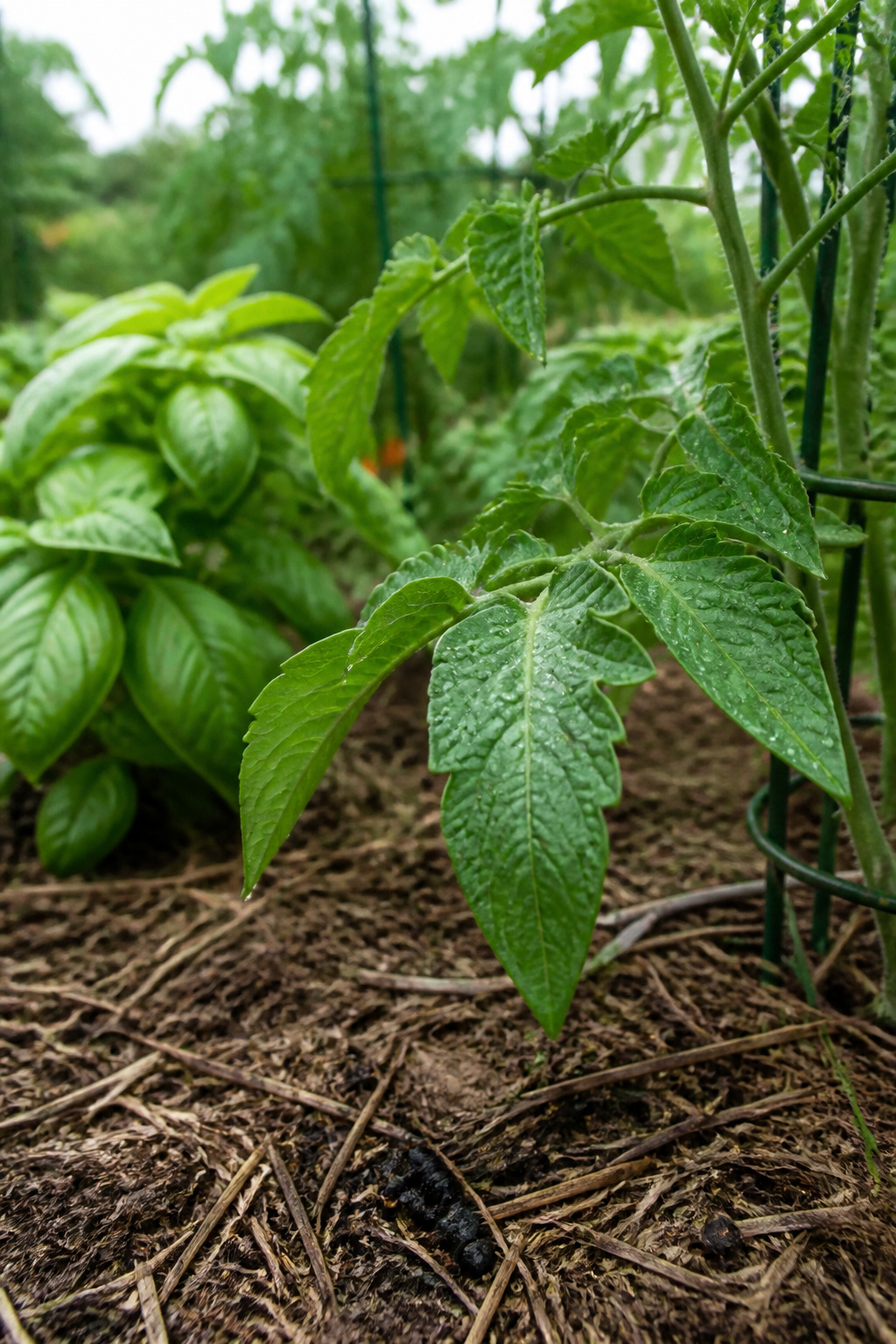 A tomato plant showing green aphids on the undersides of its leaves.