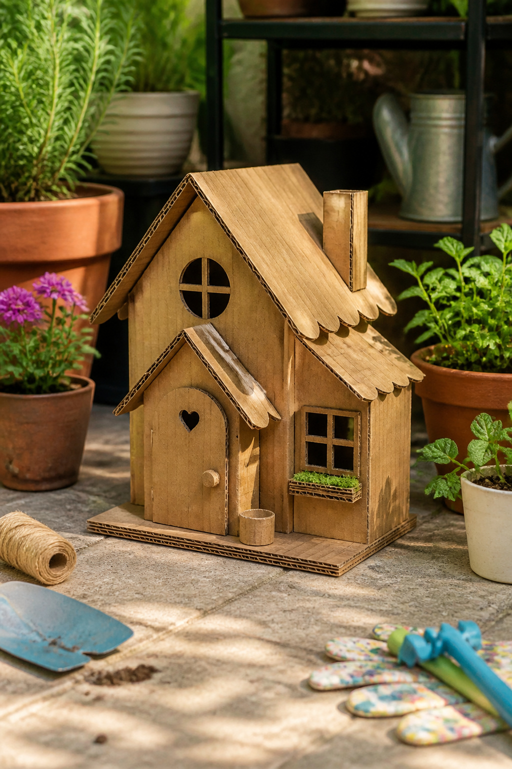 DIY Garden Fairy House: 20 Ways to Build One 15 Cardboard fairy cottage surrounded by colorful gardening tools.