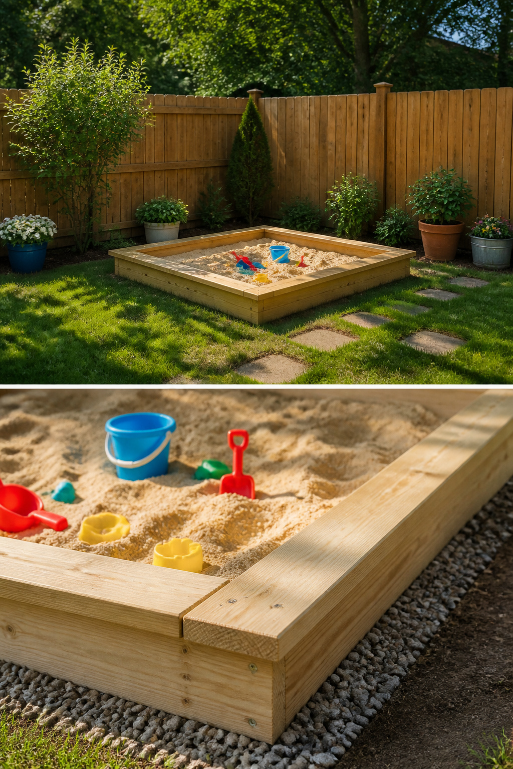20 Outdoor Kids Play Area Ideas for Backyards in 2026 16 A basic sandbox made of wood framing and filled with sand.