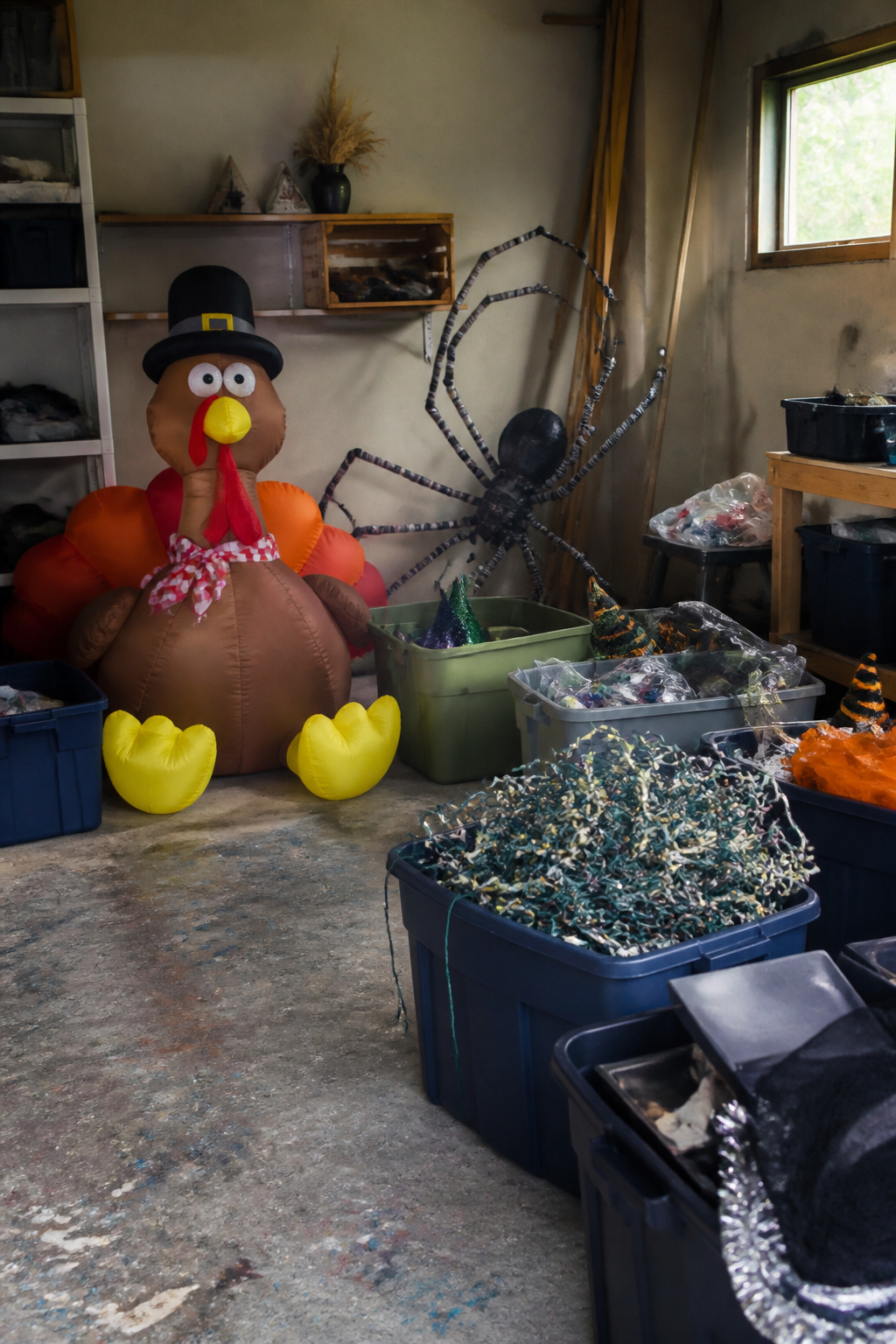12 Yard Decorations DIY Projects for 2026 16 A garage filled with seasonal decorations and craft materials.