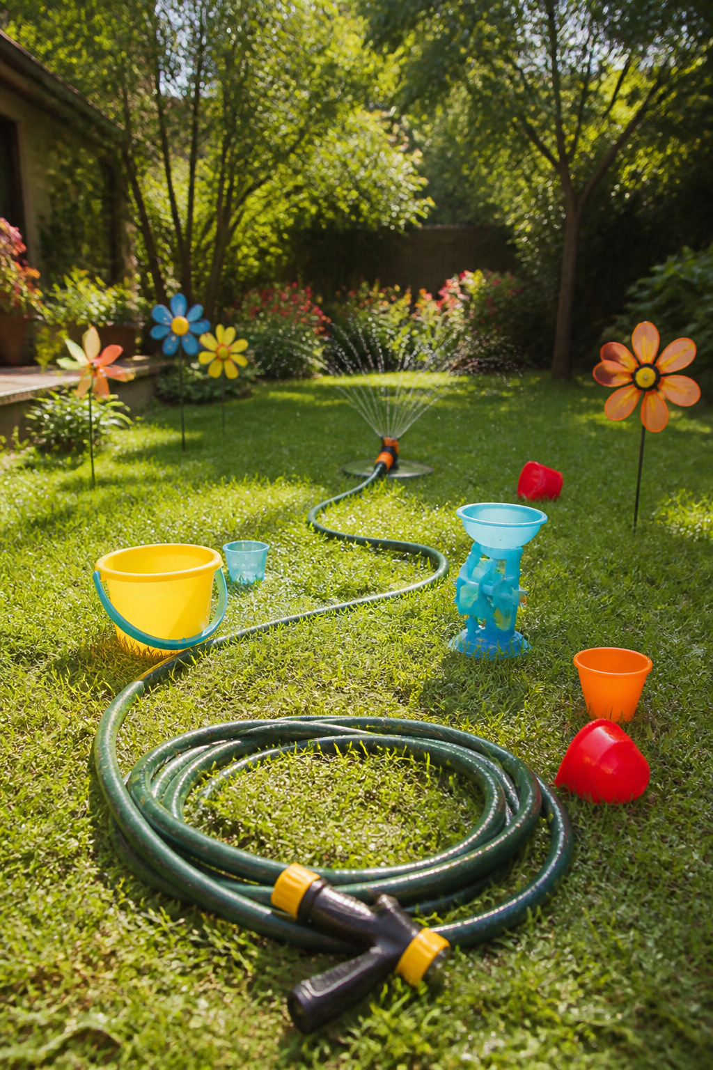 20 Outdoor Kids Play Area Ideas for Backyards in 2026 17 A garden hose with sprinklers and toys on a grassy area.
