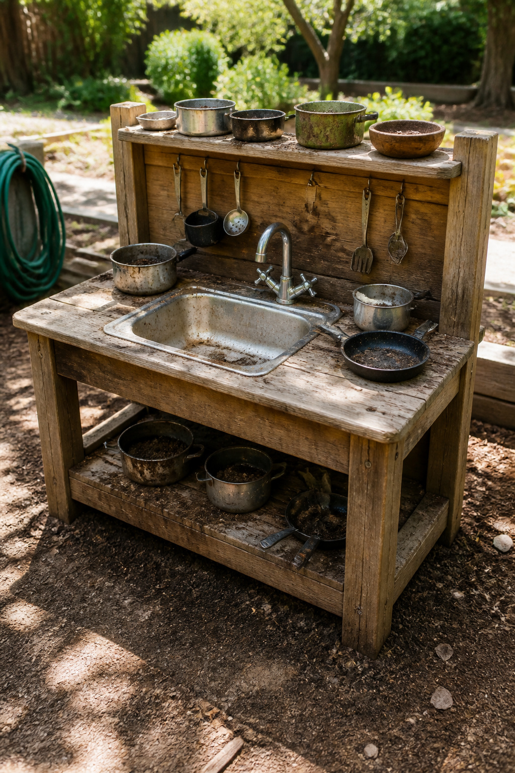 20 Outdoor Kids Play Area Ideas for Backyards in 2026 18 A mud kitchen made from pallets and an old sink in a yard.