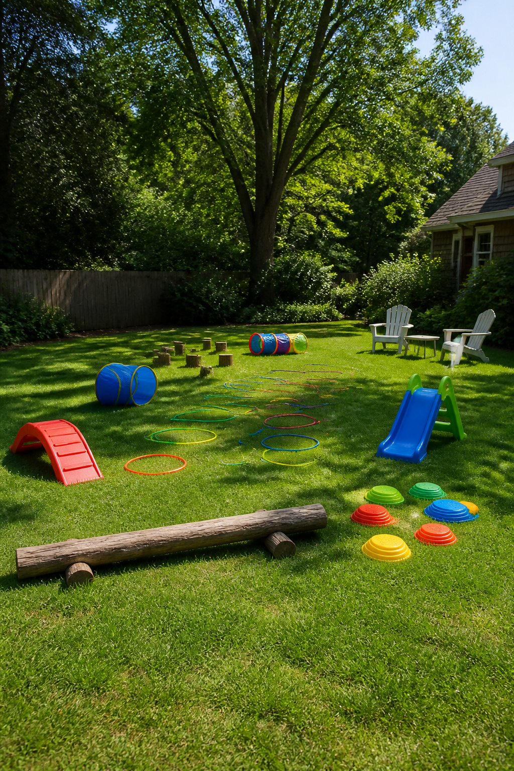 20 Outdoor Kids Play Area Ideas for Backyards in 2026 19 A makeshift obstacle course with various items in a backyard.