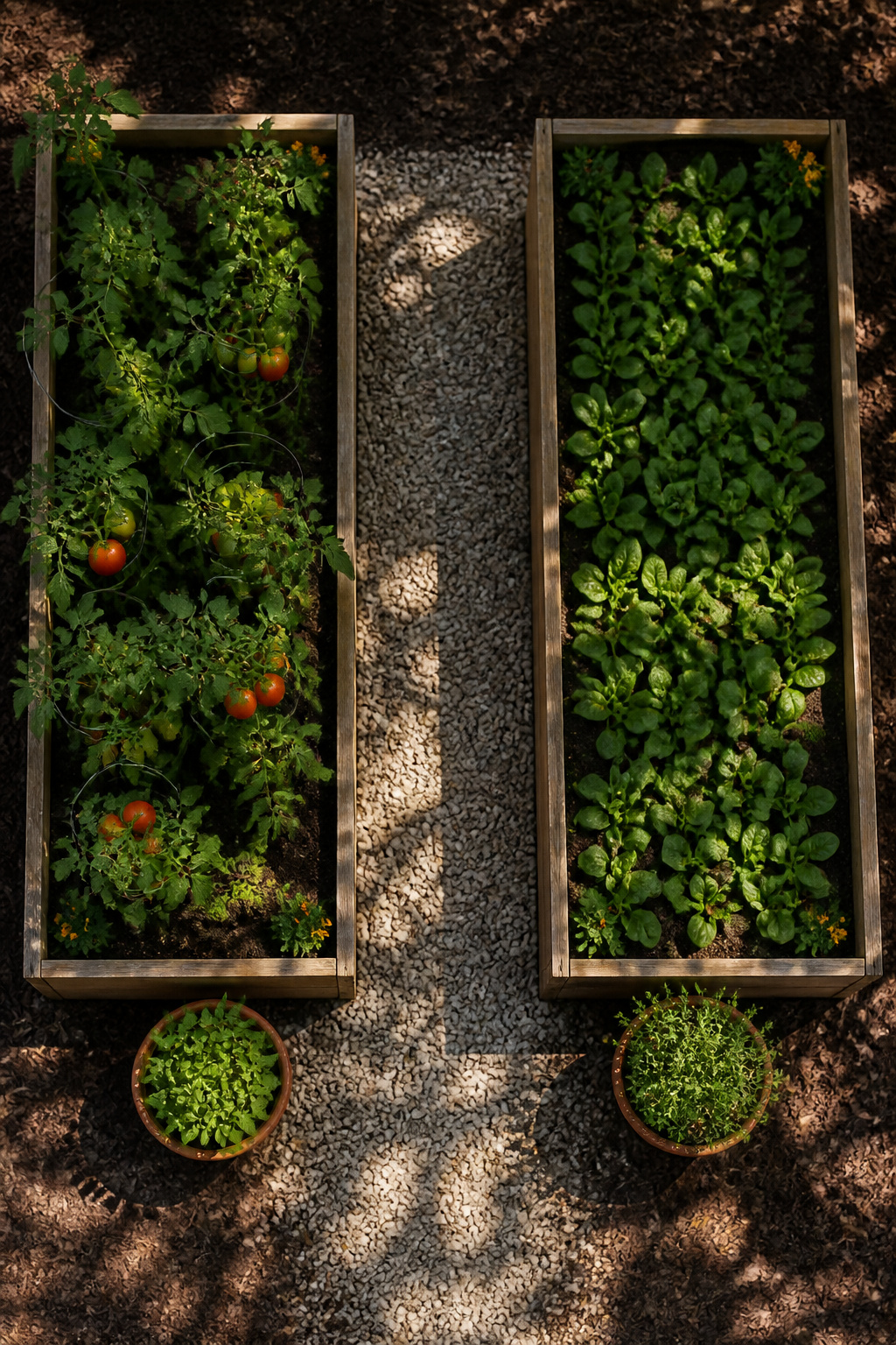 Two matching raised garden beds with a central pathway.