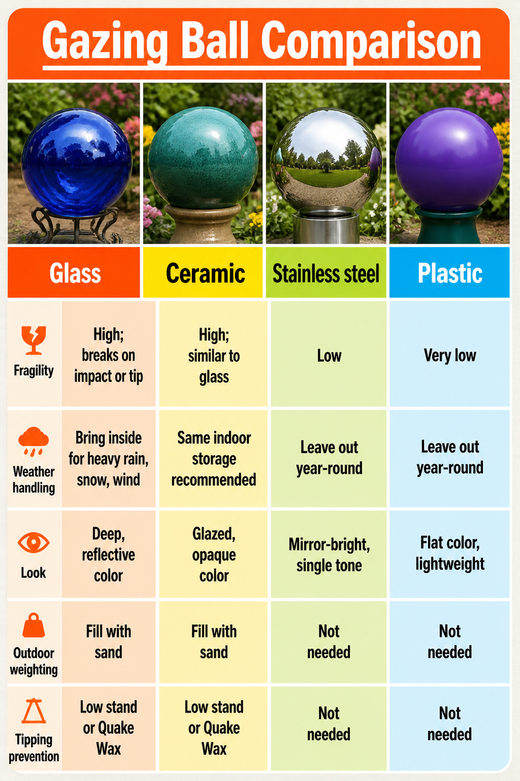 Gazing Ball Garden Ideas: Styles, Placement and DIY Options (2026) 2 Chart comparing glass, ceramic, stainless steel, and plastic gazing balls.