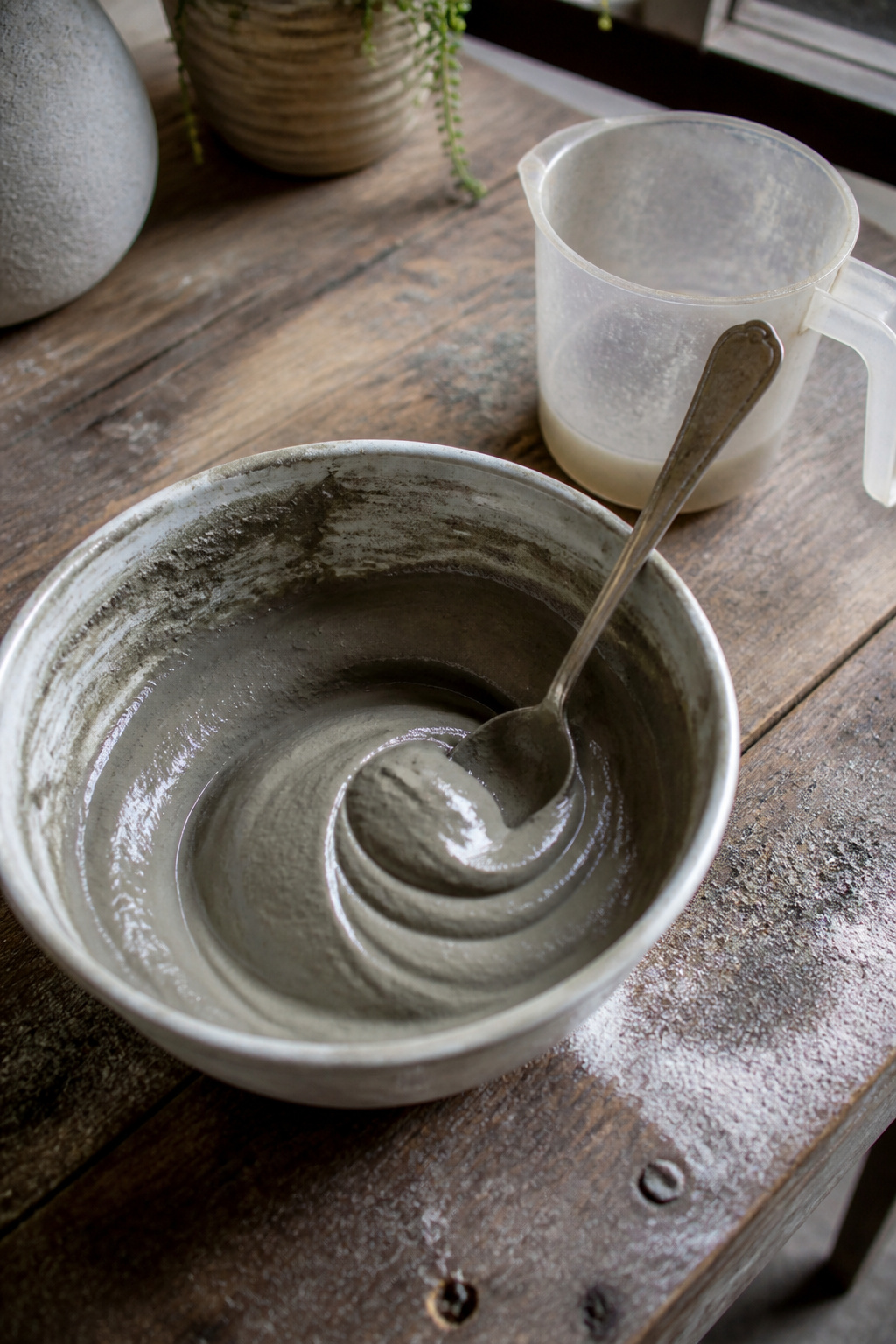 DIY Concrete Garden Orbs: A Step-by-Step Guide for 2026 2 A bowl of mixed concrete showing a thick, creamy texture.