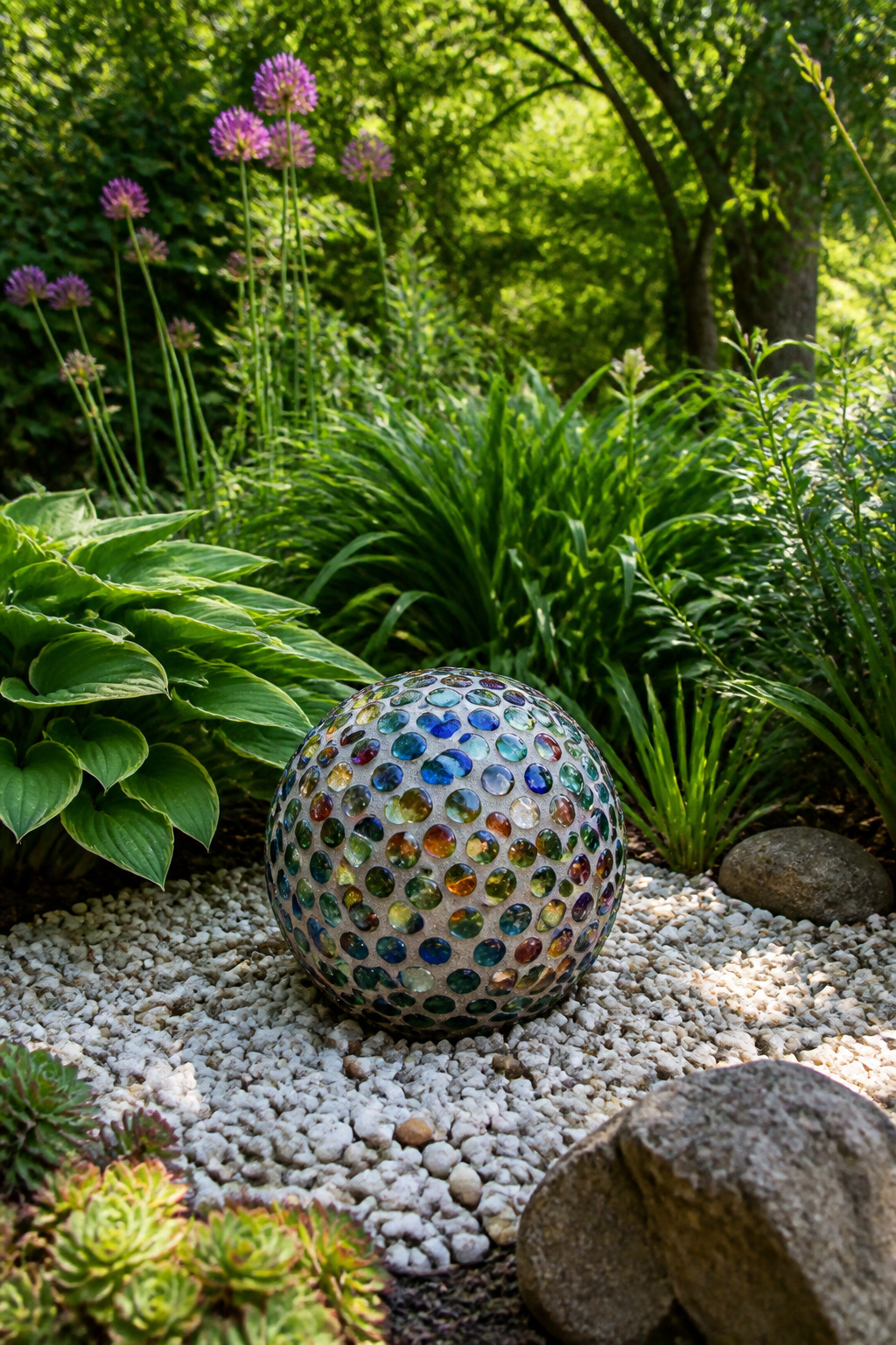 A bowling ball transformed into a marble garden ball surrounded by greenery.