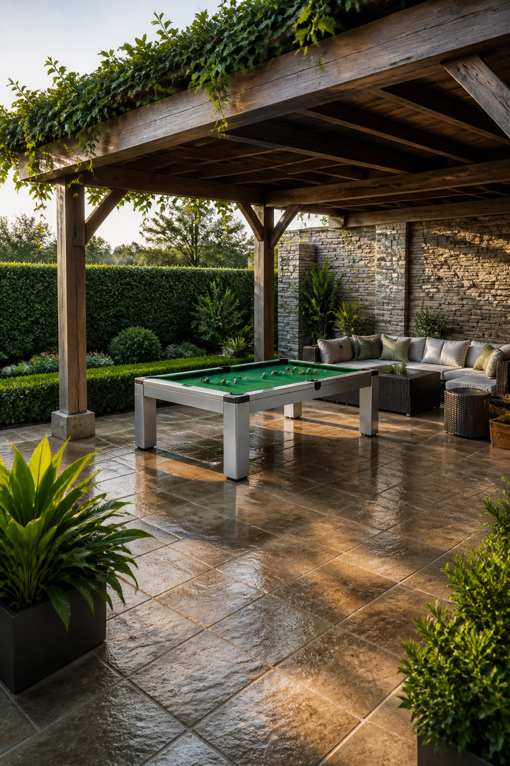 Outdoor pool table featuring marine-grade plywood and synthetic slate.