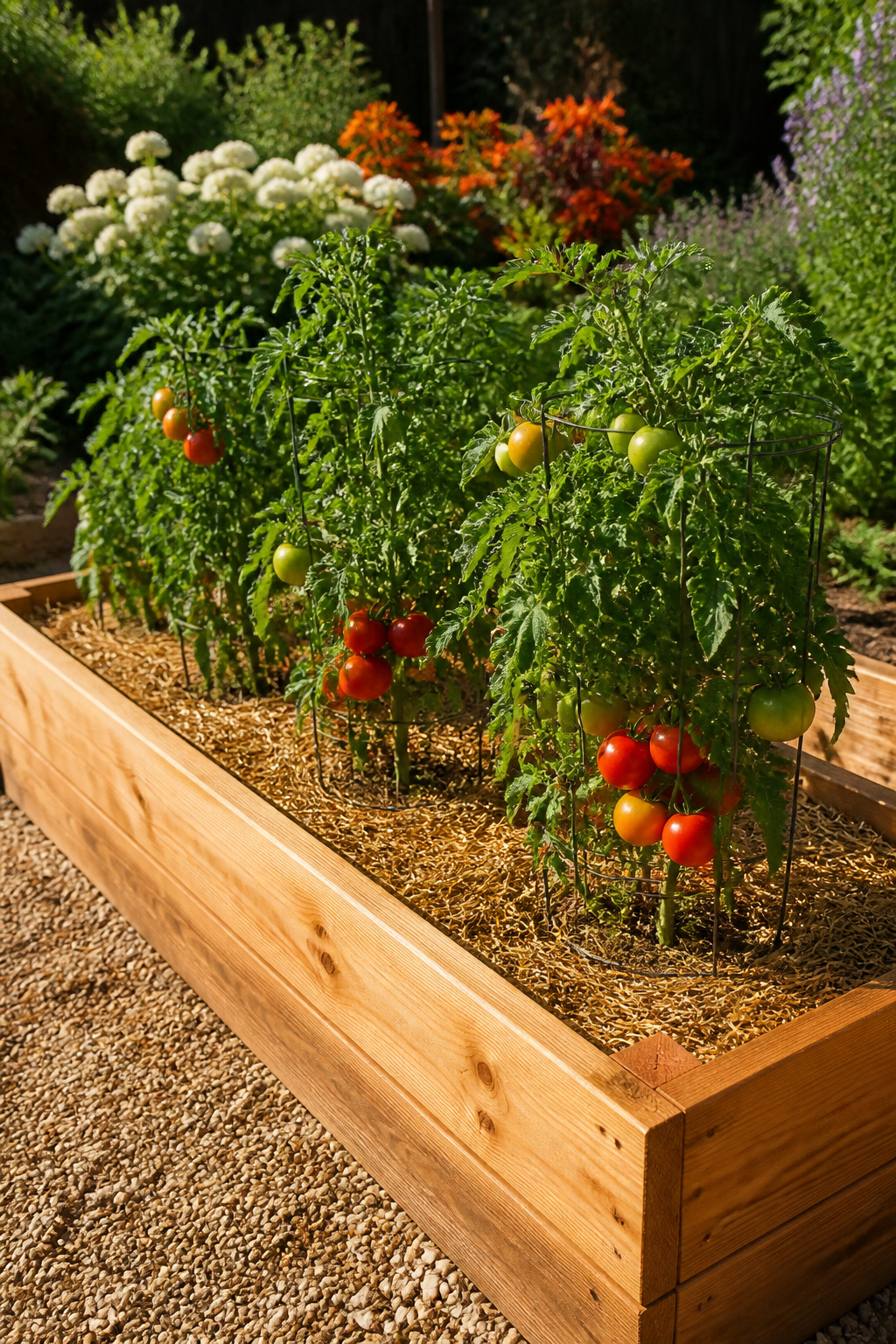 A bright raised bed brimming with healthy tomato plants and dark soil.