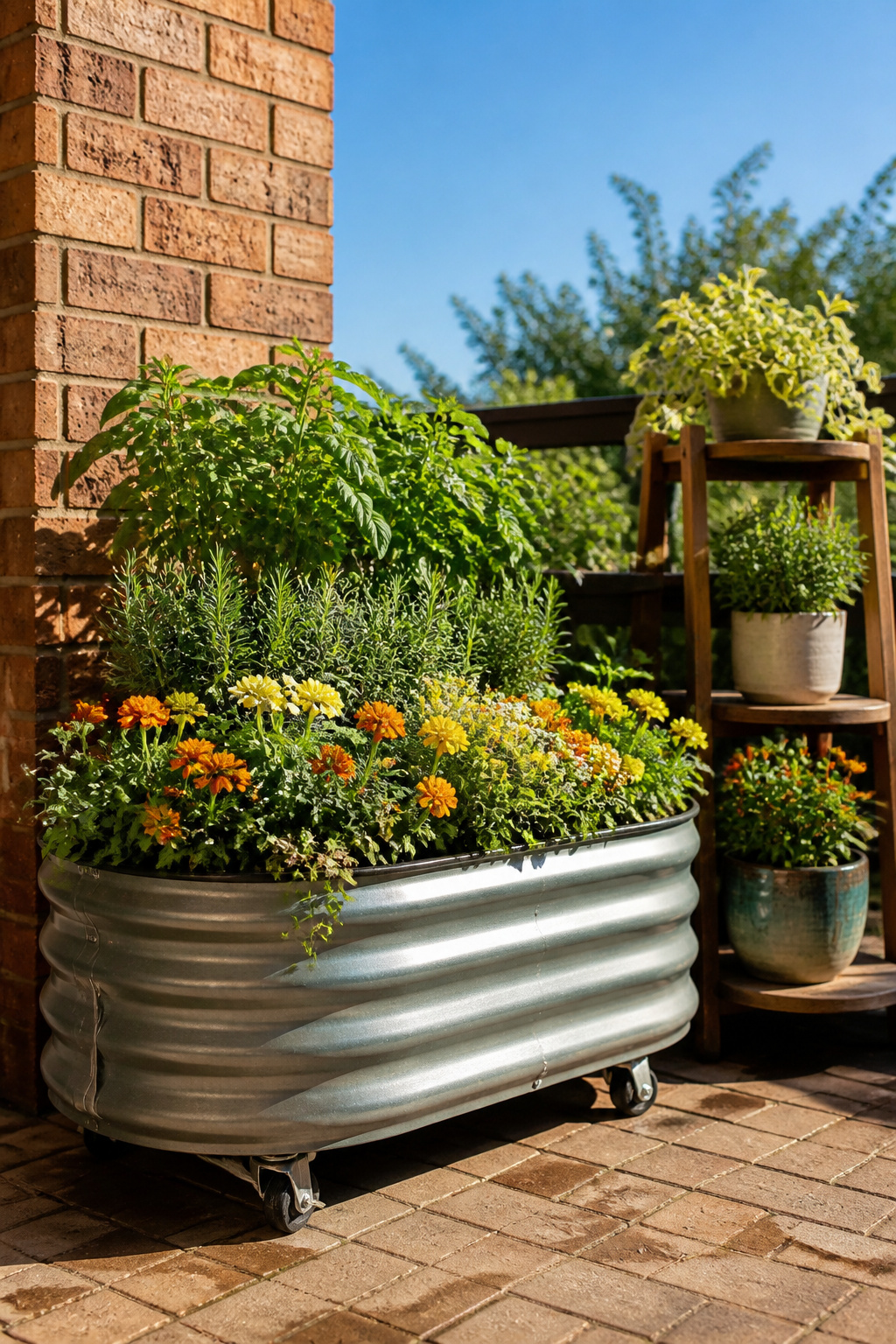 8 Easy Simple Garden Ideas for Any Yard in 2026 2 A decorative steel container garden with herbs and flowering plants on casters.