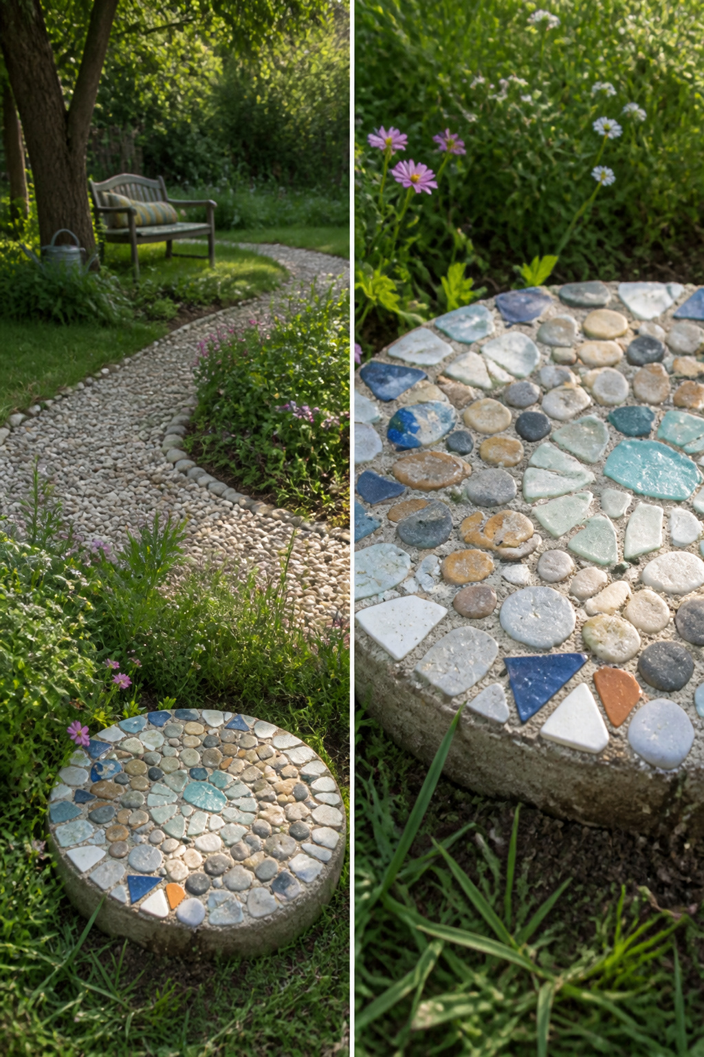 12 Yard Decorations DIY Projects for 2026 2 Concrete stepping stones topped with mosaic tiles and gems.