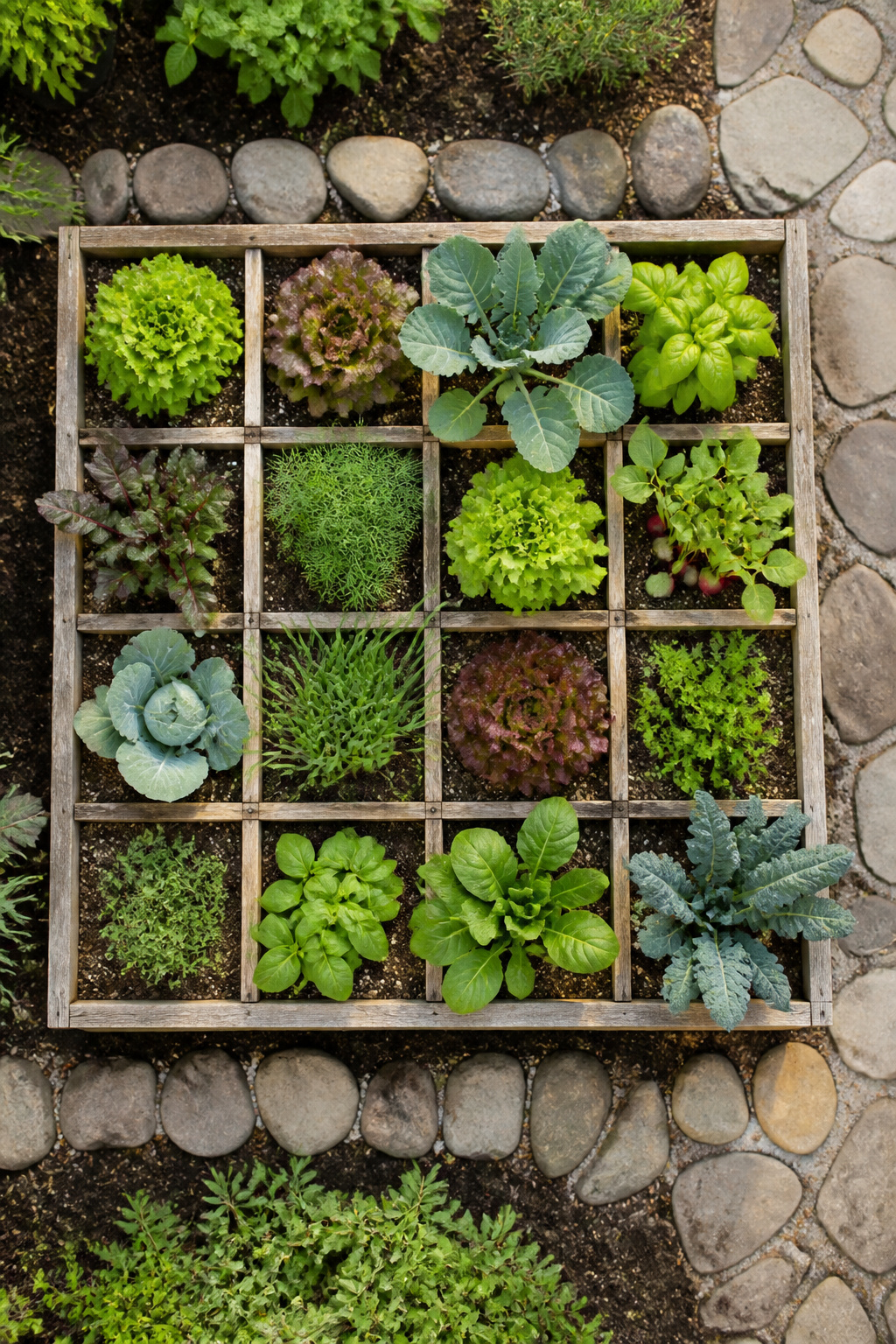 A raised bed with a grid of 16 one-foot squares for planting.
