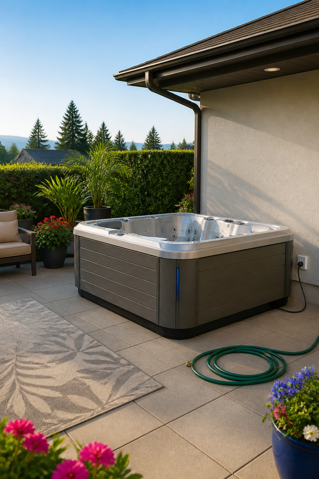 Outdoor Living Hot Tubs: 7 Brands and Styles for Your Backyard 2 DreamMaker hot tub on a patio, near a standard electrical outlet.