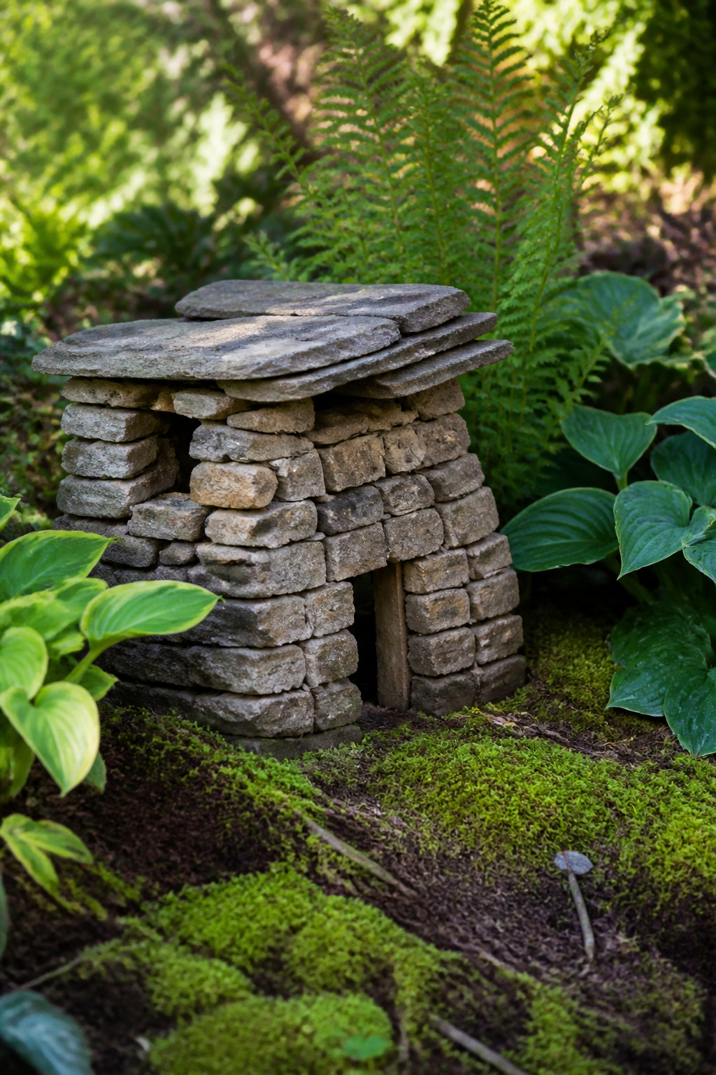 DIY Garden Fairy House: 20 Ways to Build One 2 Stone fairy house nestled among vibrant hostas and moss.