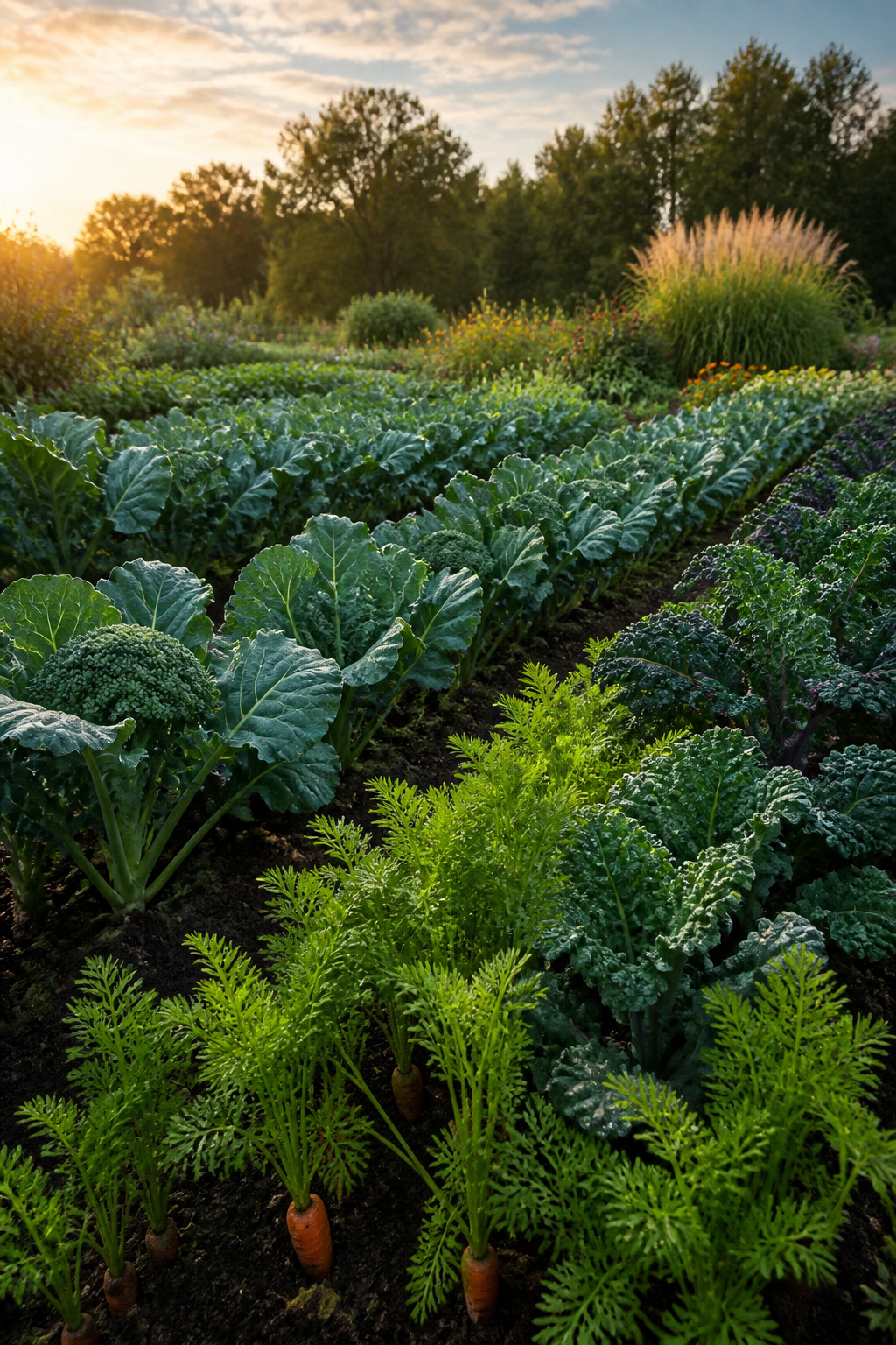 Zone 8 Gardening Guide: Vegetables, Herbs, Flowers, Fruits, Perennials & Care 2 Rows of broccoli, kale, and orange carrots in a garden.