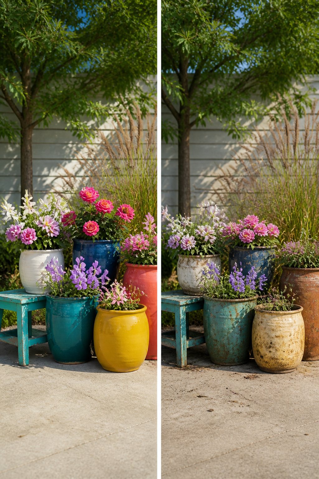 9 Whimsical Garden Ideas: Texture, Color, Light & Art for 2026 2 Colorful glazed pots in teal, mustard, coral, and white on a patio.