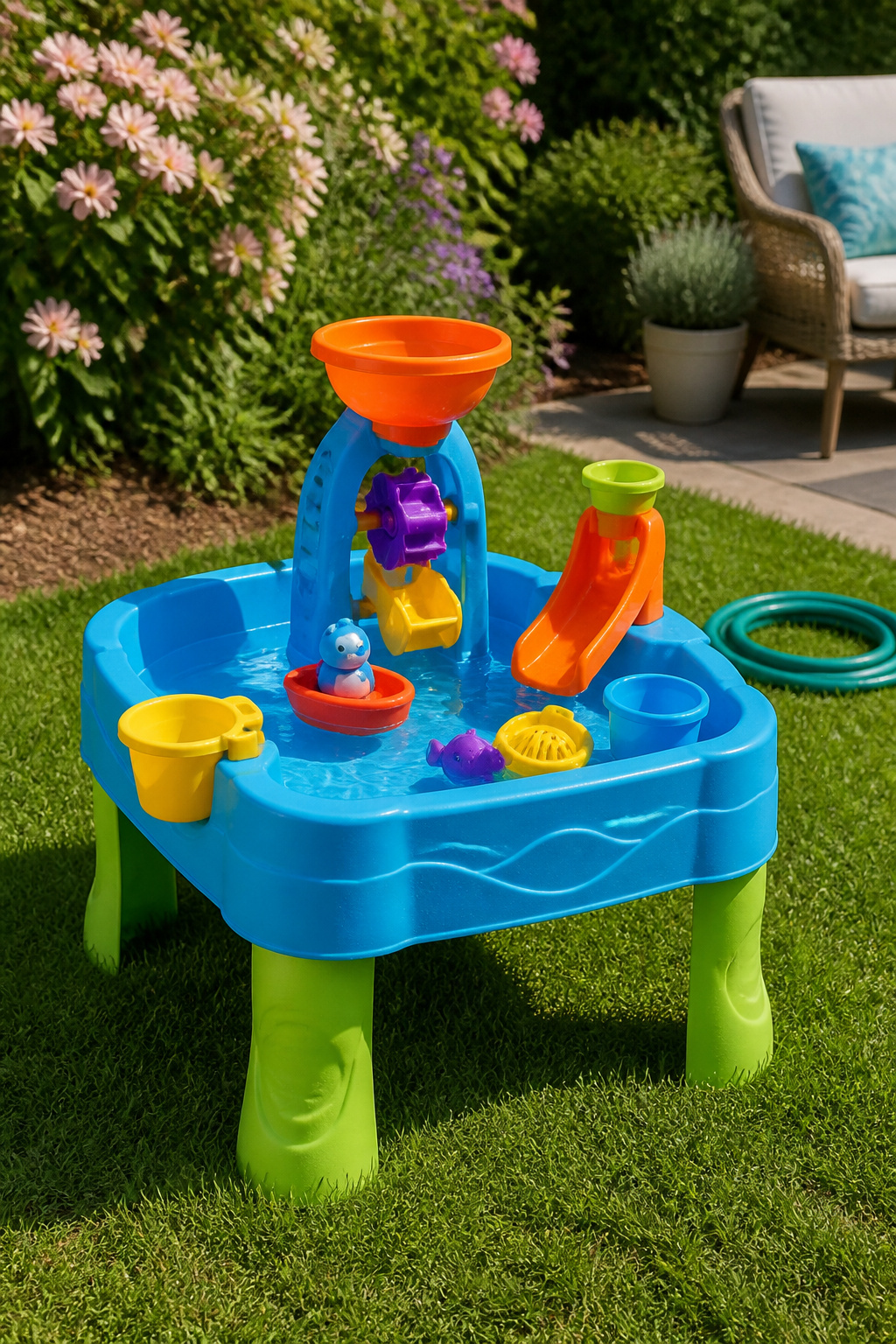 20 Outdoor Kids Play Area Ideas for Backyards in 2026 2 A colorful water table with toys for toddlers in a backyard.