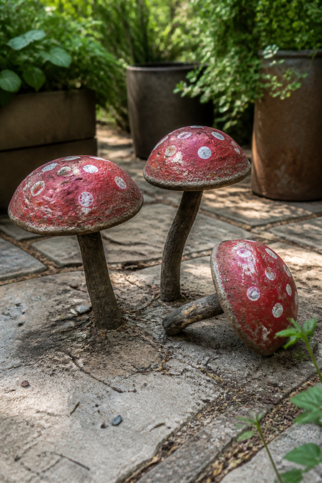 Sturdy cement mushrooms with pockmarked surfaces on a stone patio.