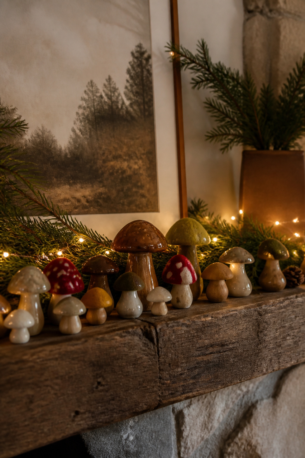 Small ceramic, wood, and felt mushroom ornaments on a mantel.