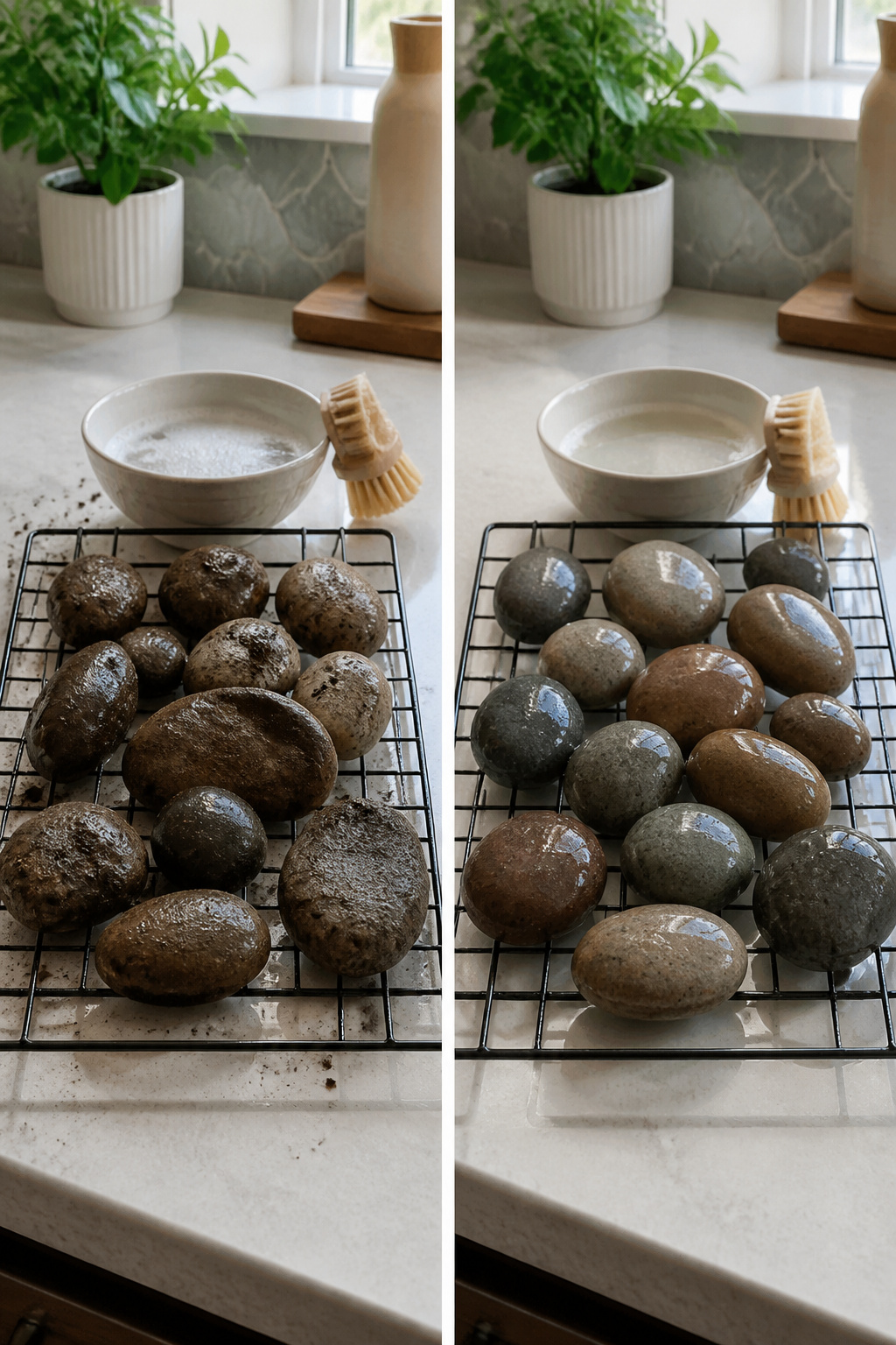 A person scrubbing rocks with soap and water.
