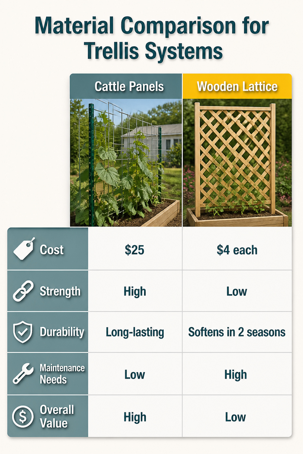 Information image titled 'Material Comparison for Trellis Systems'.
