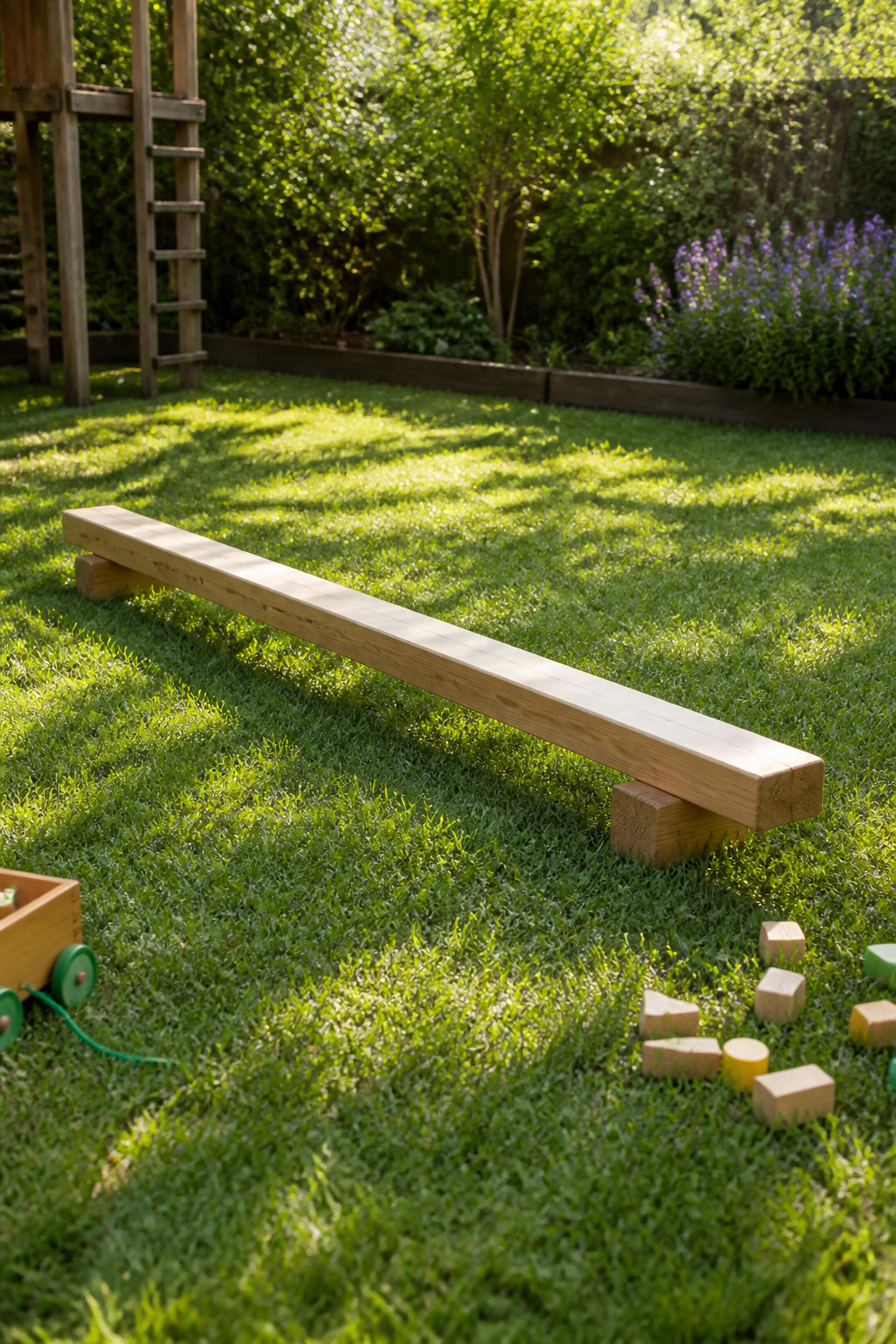 20 Outdoor Kids Play Area Ideas for Backyards in 2026 20 A balance beam made from a 4x4 on supports in a yard.