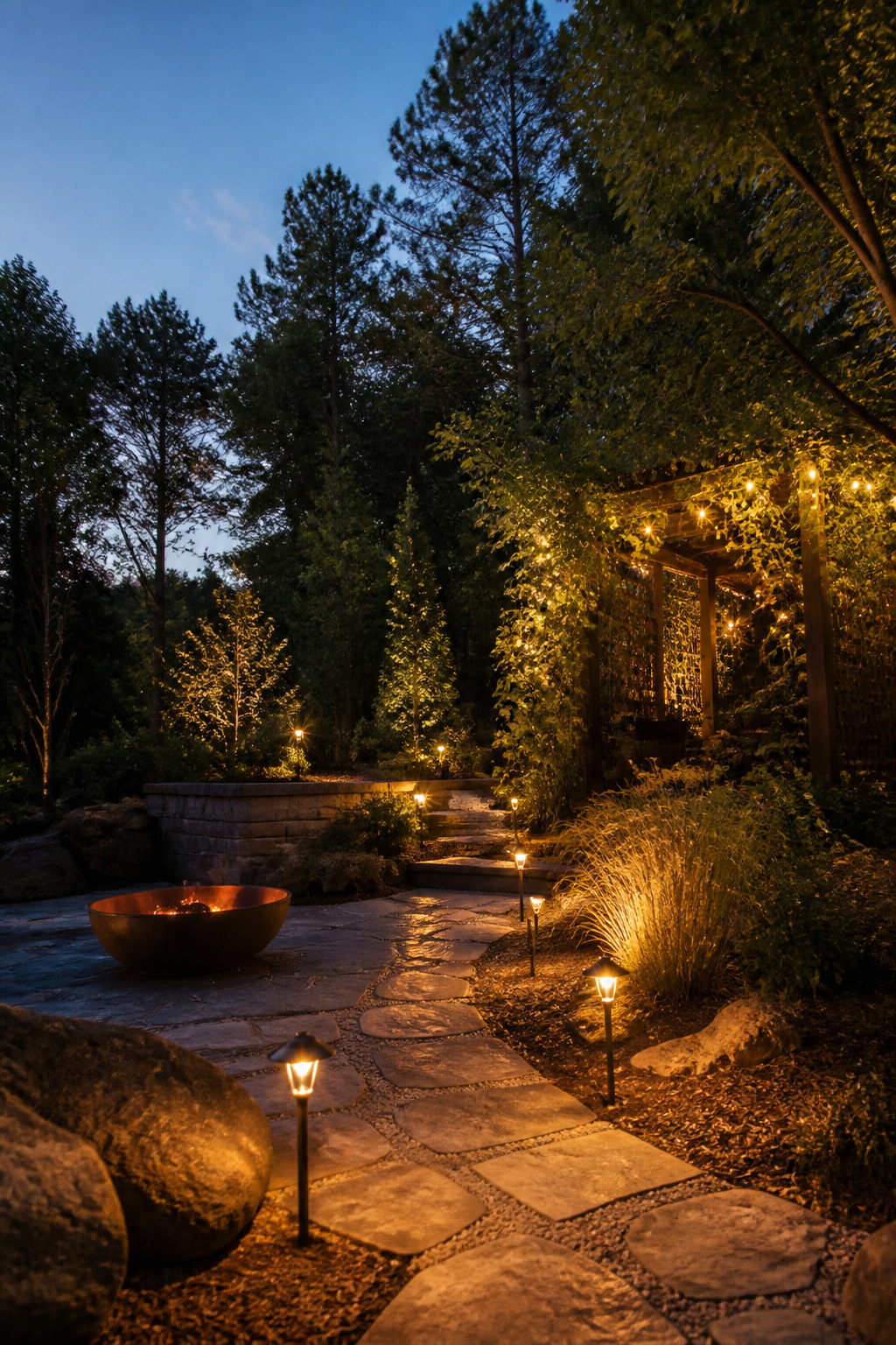 9 Whimsical Garden Ideas: Texture, Color, Light & Art for 2026 3 Solar path lights and fairy lights set up in a garden.
