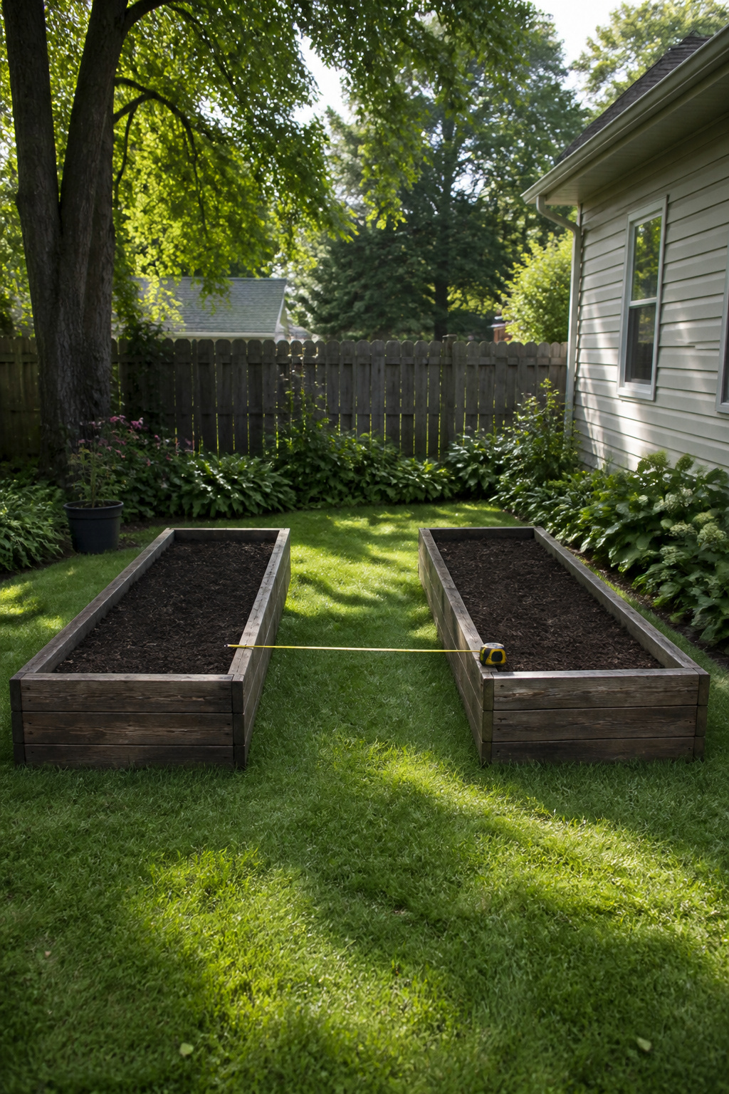 Photograph showing spacing between raised garden beds.