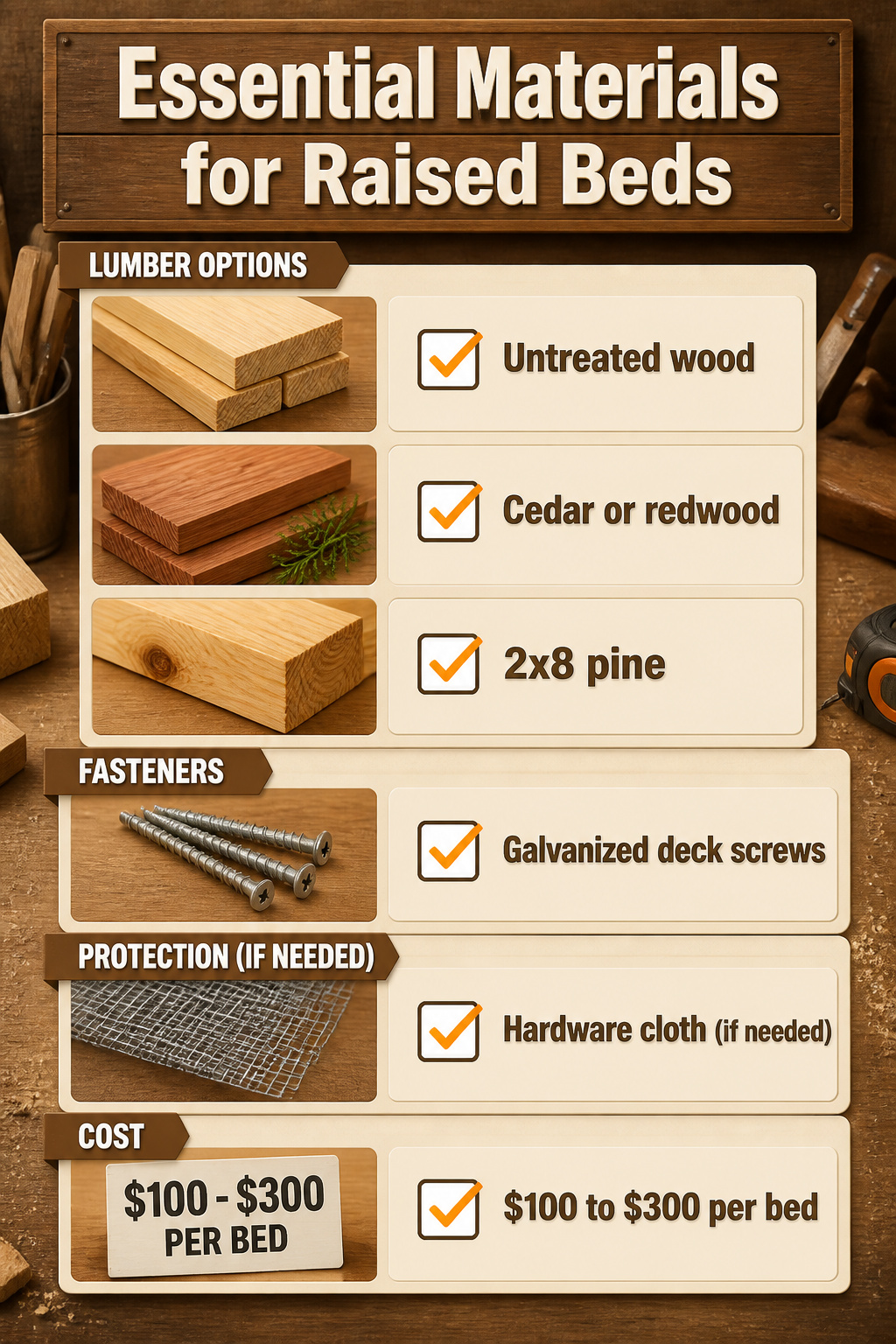 How to Build Raised Garden Beds: 8 Steps for a DIY Raised Bed Garden in 2026 3 Materials for raised beds, including untreated wood and screws.