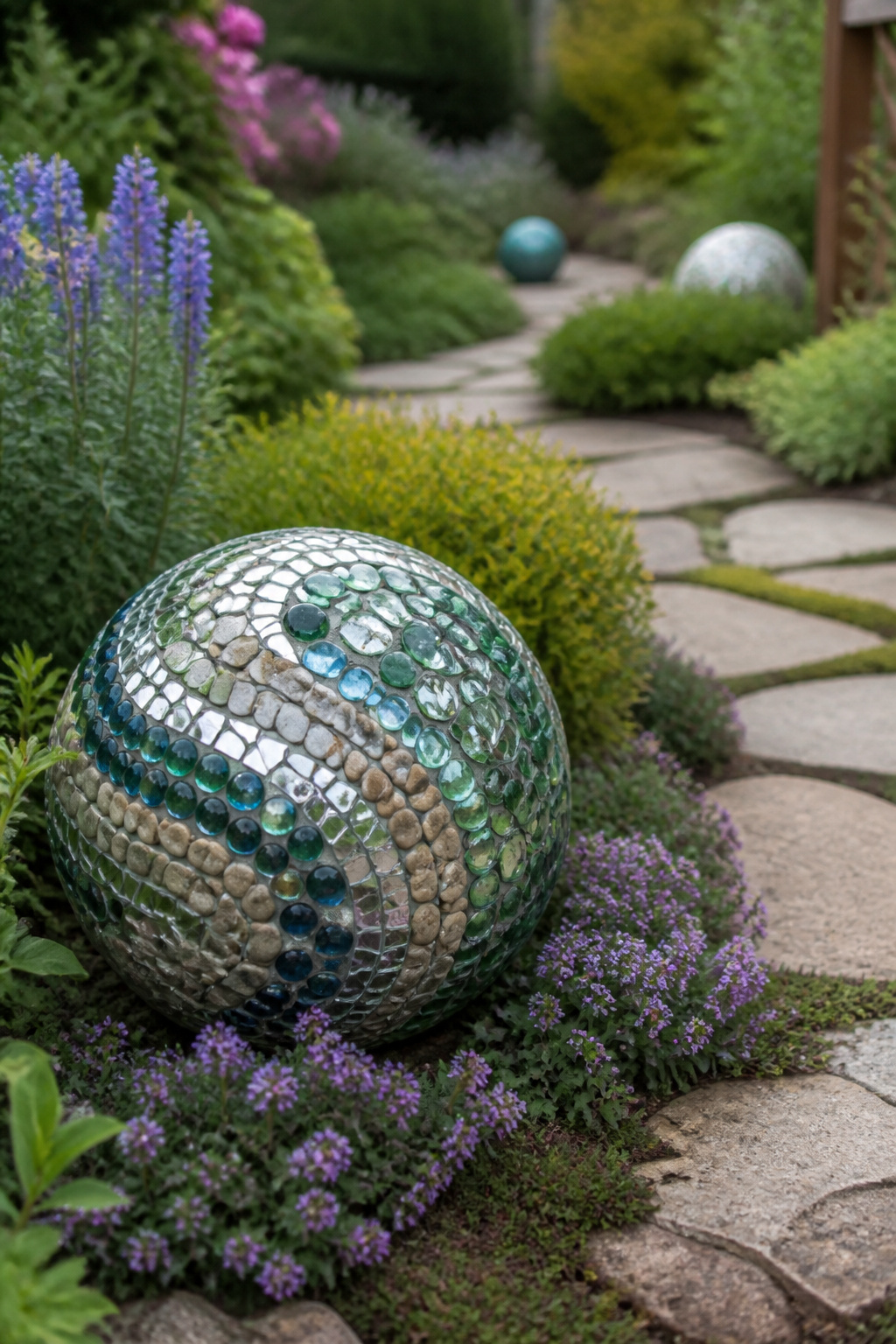 A glass and stone mosaic sphere reflecting light among garden plants.