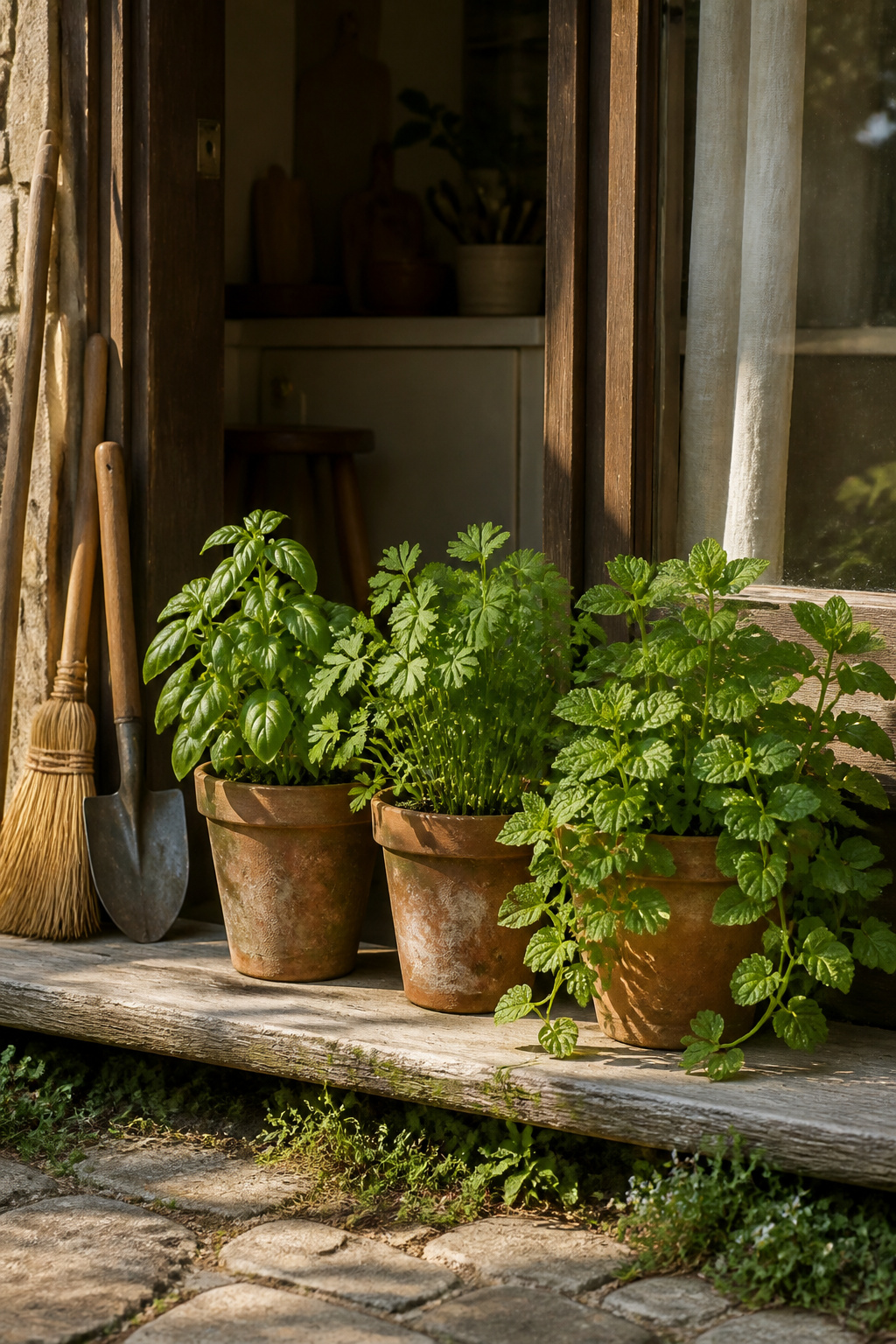8 Easy Simple Garden Ideas for Any Yard in 2026 3 Terra cotta pots with basil, cilantro, and mint on a wooden step.