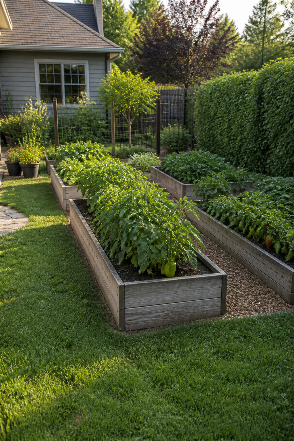 A raised garden bed filled with dark, loose soil and flourishing plants.